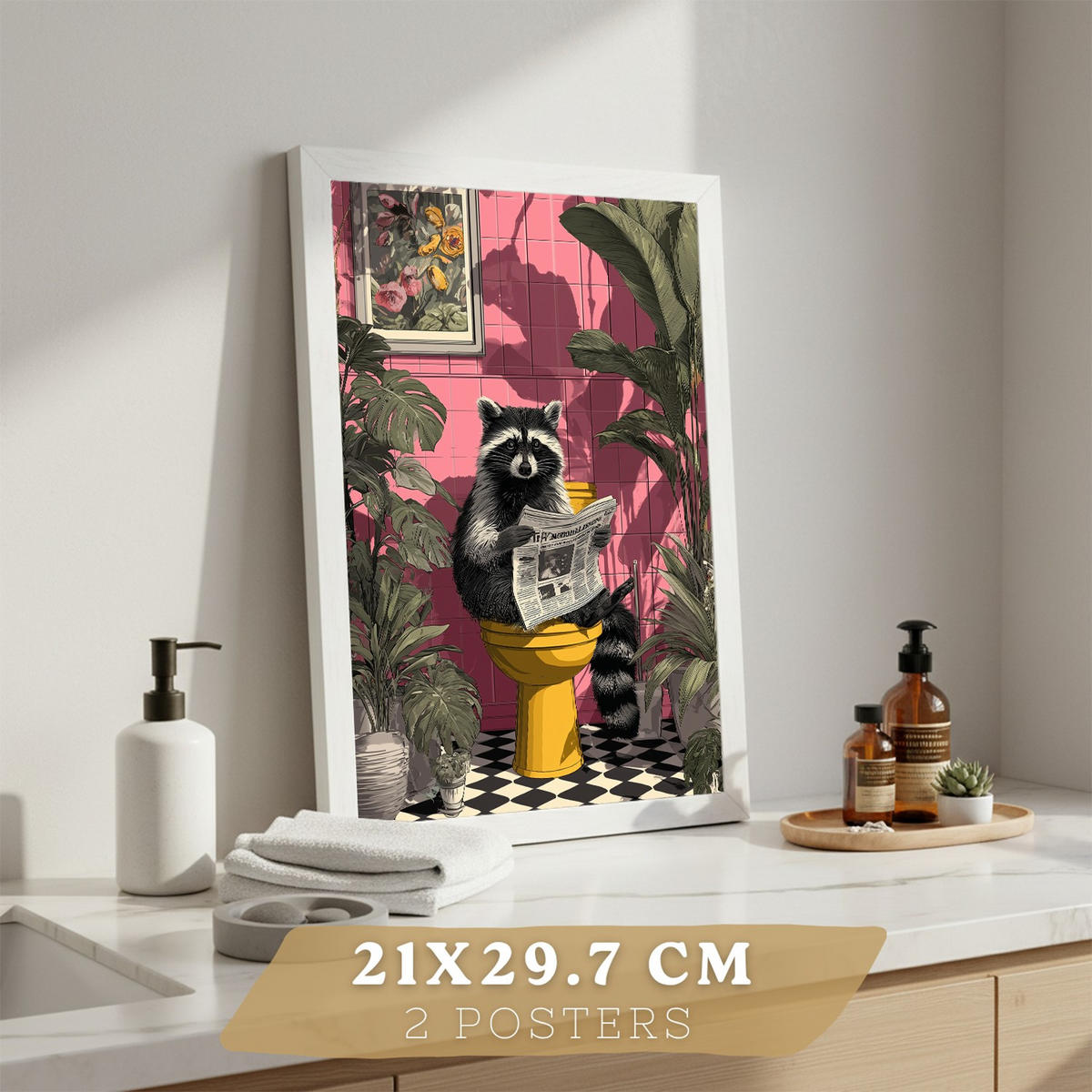 PLAKÁT Sada 2 zábavných obrazů zvířat v koupelně Bílý rám A4 - bílá, papír (29.7/21/3cm) - Nacnic