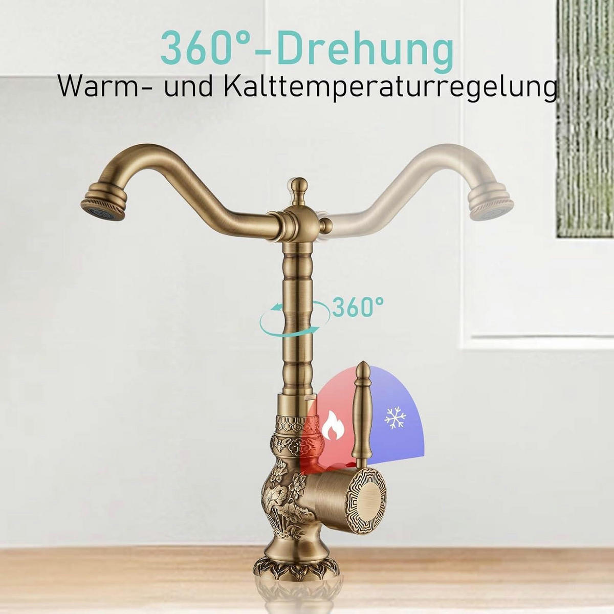 WASCHTISCHARMATUR Antik Messing 360° drehbar - Bronzefarben, Metall (7/35/15cm)
