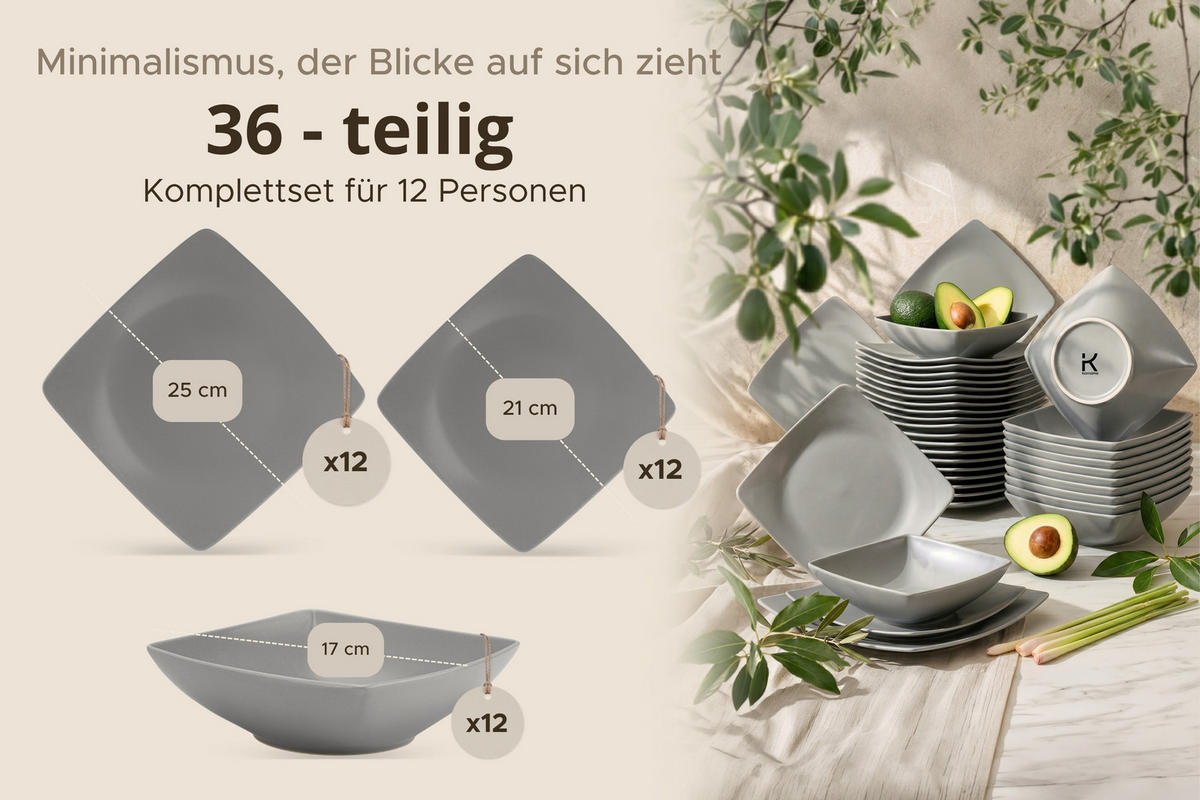 TAFELSERVICE EPIRI 12 Personen 36-tlg - Grau, Keramik (25/2/25cm) - KONSIMO®