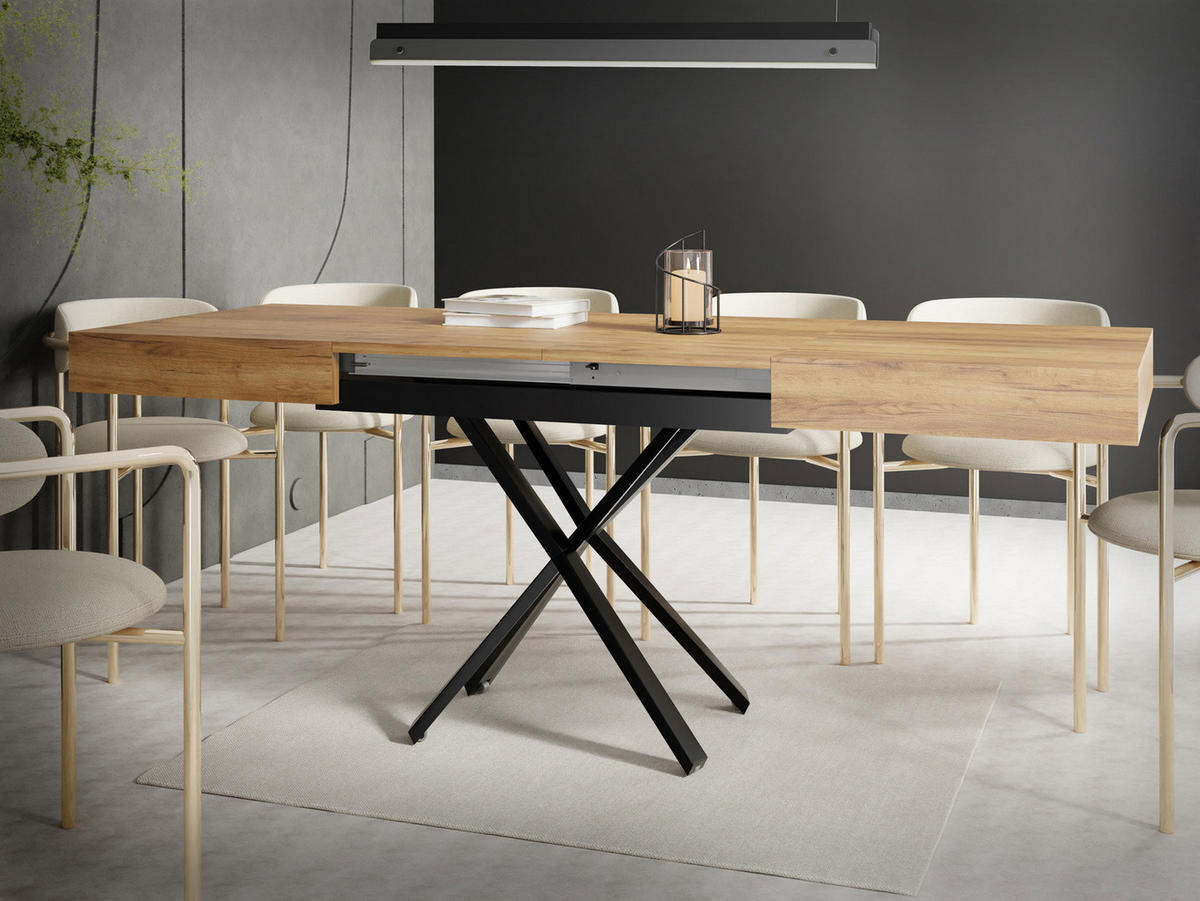 COUCHTISCH Cavetta X höhenverstellbar ausziehbar, Craft Eiche 120-200/80/27-76 cm - Eiche Wotan/Schwarz, Holzwerkstoff/Metall (80/200/76cm) - WFL GROUP