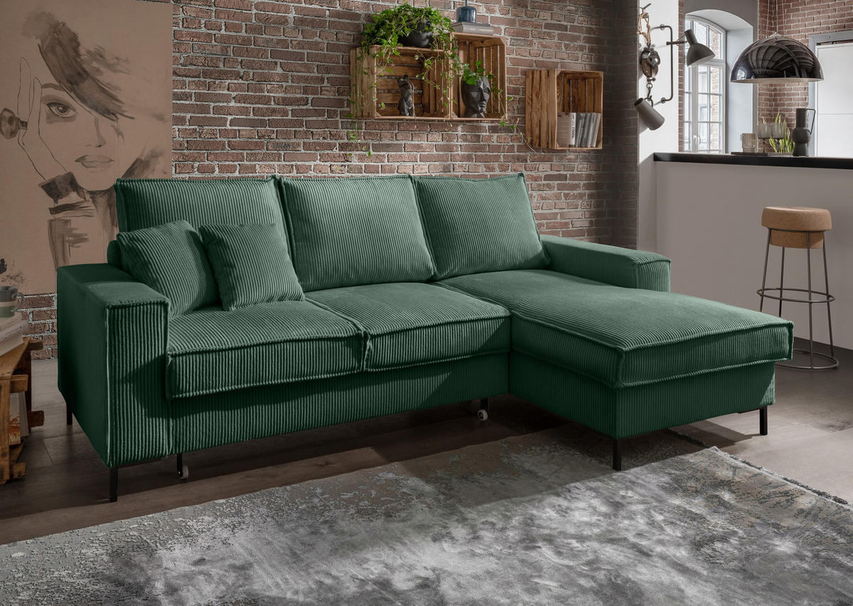 ECKSOFA mit Schlaffunktion, Bettkasten, Wellenunterfederung, Récamiere rechts B240/T150/H92 cm, Liegefl. 125x198 cm, Cord Grün / 17221 - Waldgrün/Schwarz, Textil/Metall (240/150cm) - luma-home