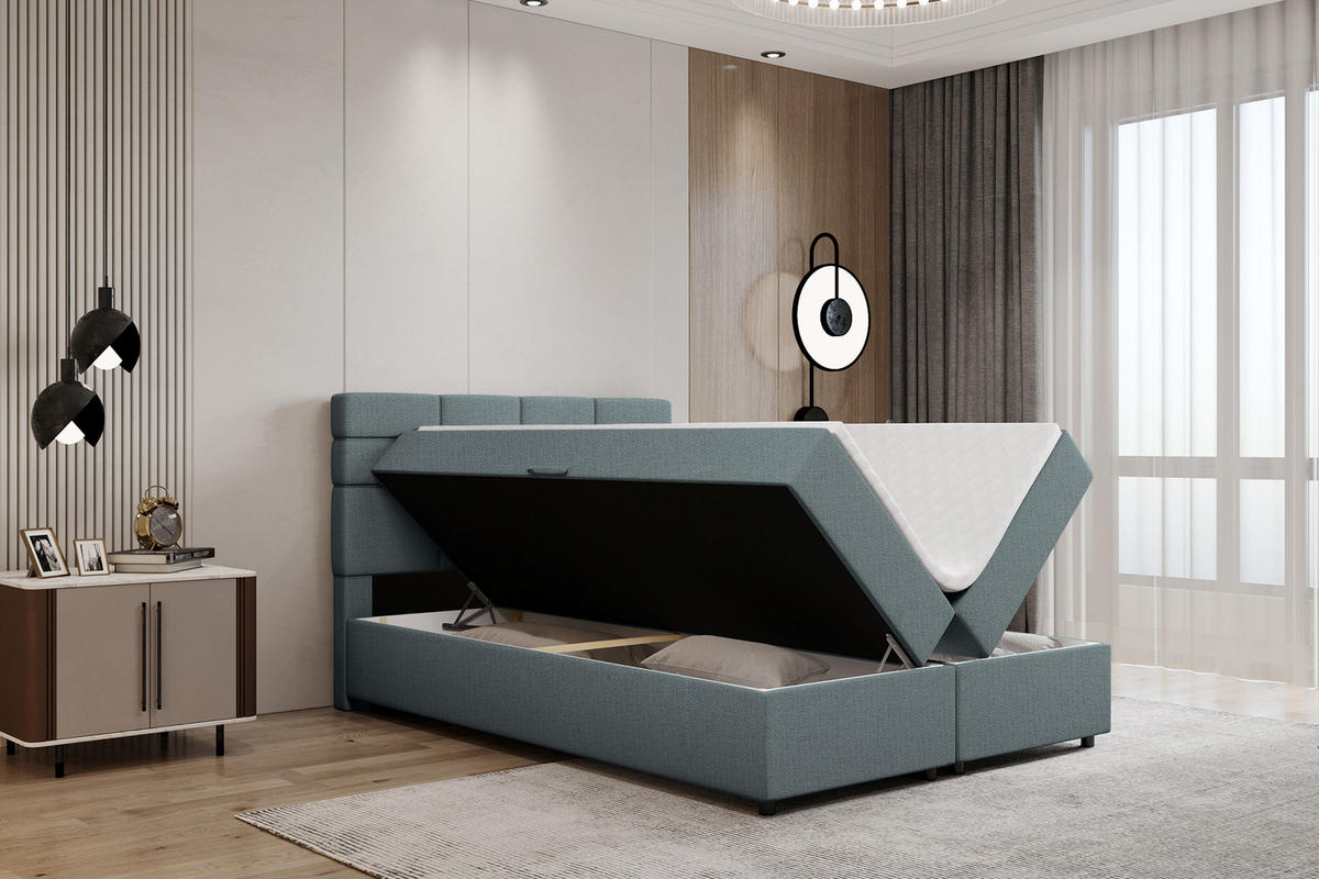 BOXBETT Reve 140 x 200 cm mit Bettkasten und Lattenrost ohne matratze - hellblau - Dunkelblau, Holz (140/206cm) - Panda Möbel