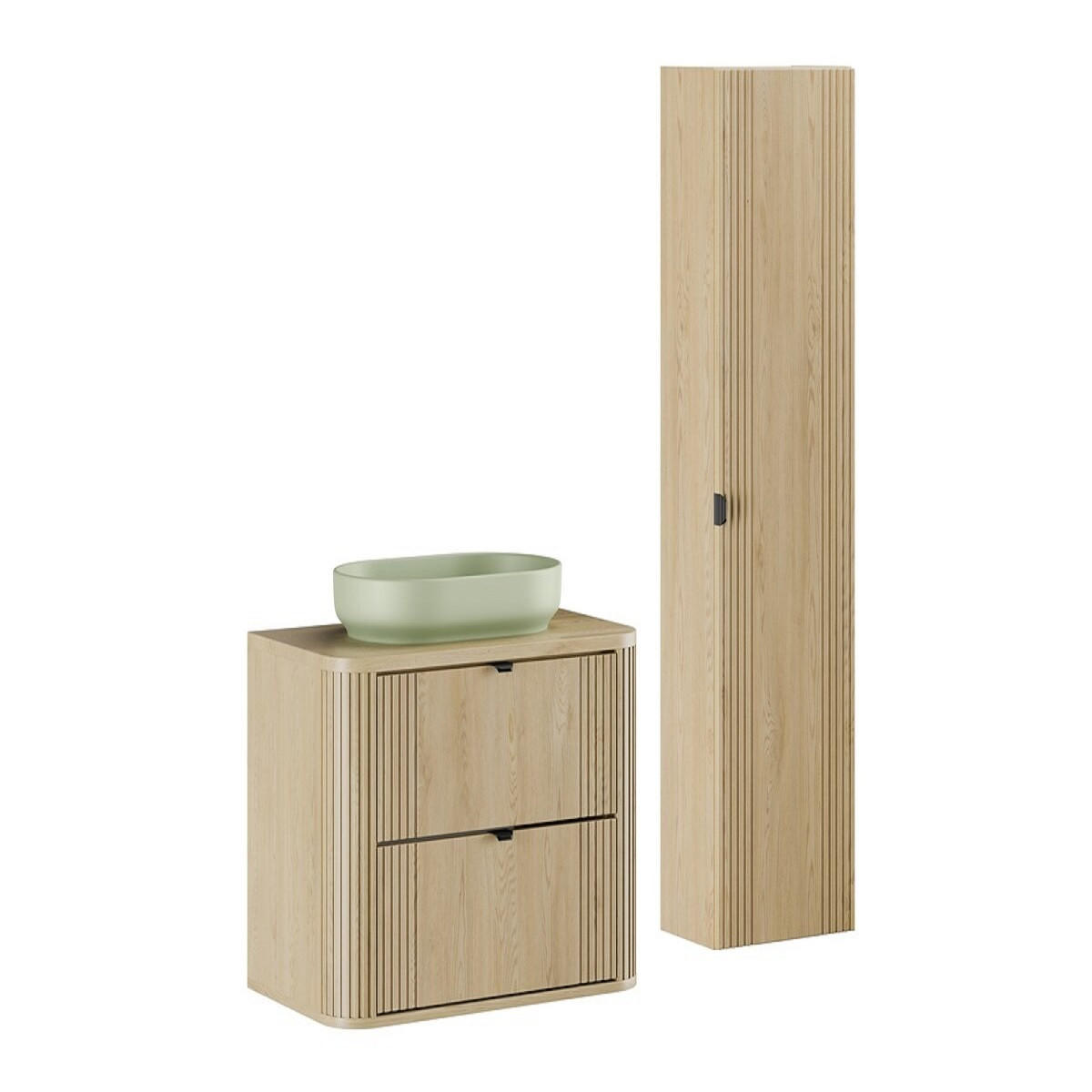 BADMÖBEL-SET 4 Teile - Ovalia Cremona O BM403 in Cremona-Eiche - Eichefarben/Grün, Holz/Keramik (80/140/46cm)