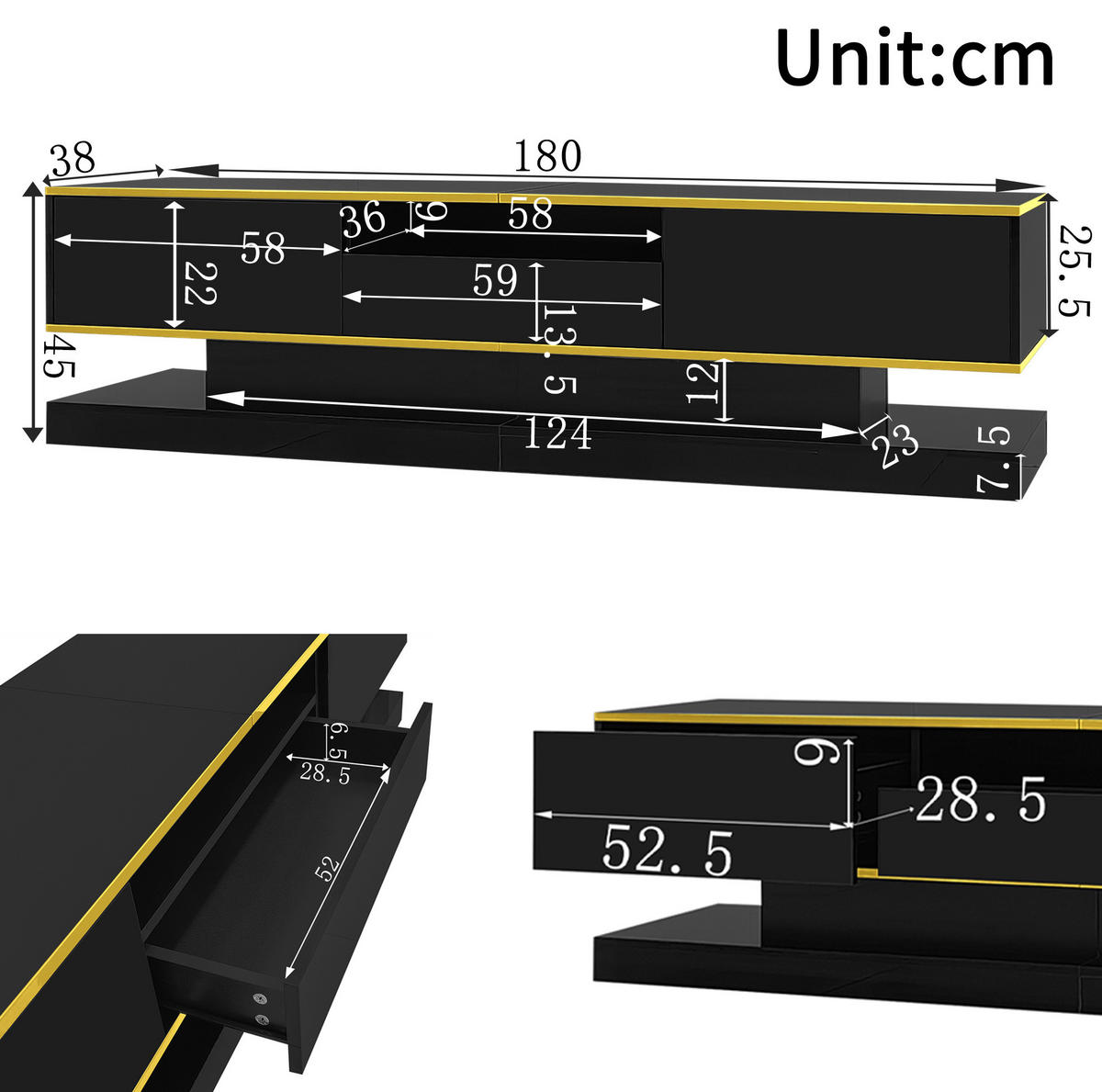 TV-LOWBOARD aus Spanplatte 180x38x45 cm Schwarz/Gold mit LED-Beleuchtung und 3 Schubladen - Schwarz, Holzwerkstoff (180/45/38cm) - IVMEU