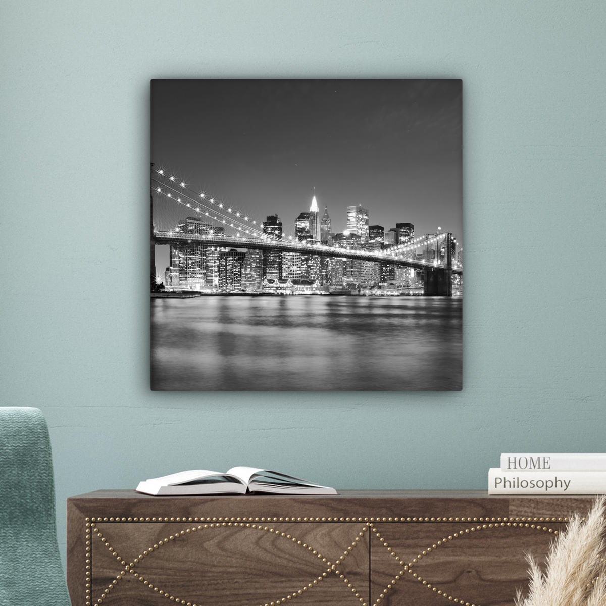 LEINWANDBILD - New York - Brücke - Brooklyn - Schwarz und weiß - Architektur - 50x50 - Room Decor - Schwarz, Textil (50/50cm) - MuchoWow