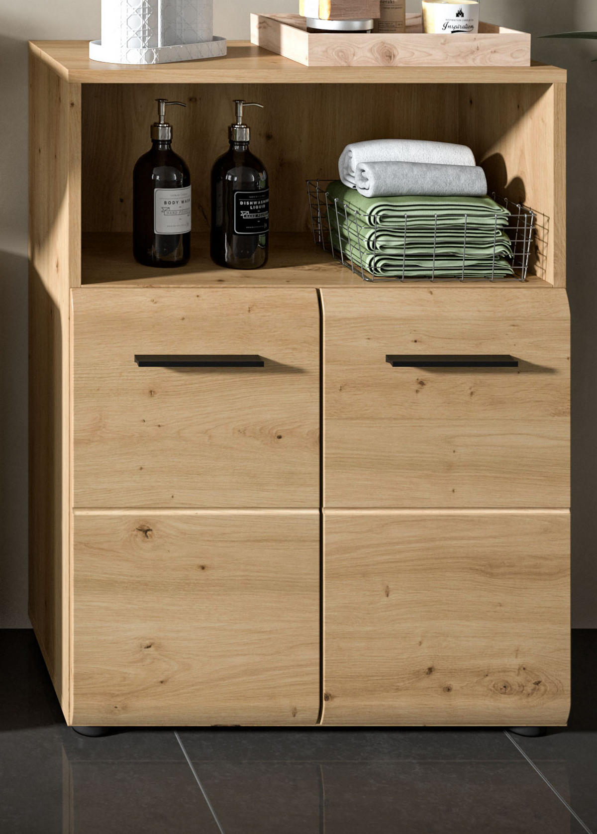 MIDISCHRANK in Eiche Artisan, Badezimmer Kommode 2-türig, 60 x 80 cm - Schwarz/Eiche Artisan, Holzwerkstoff/Kunststoff (60/80/30cm) - Inn.Furn