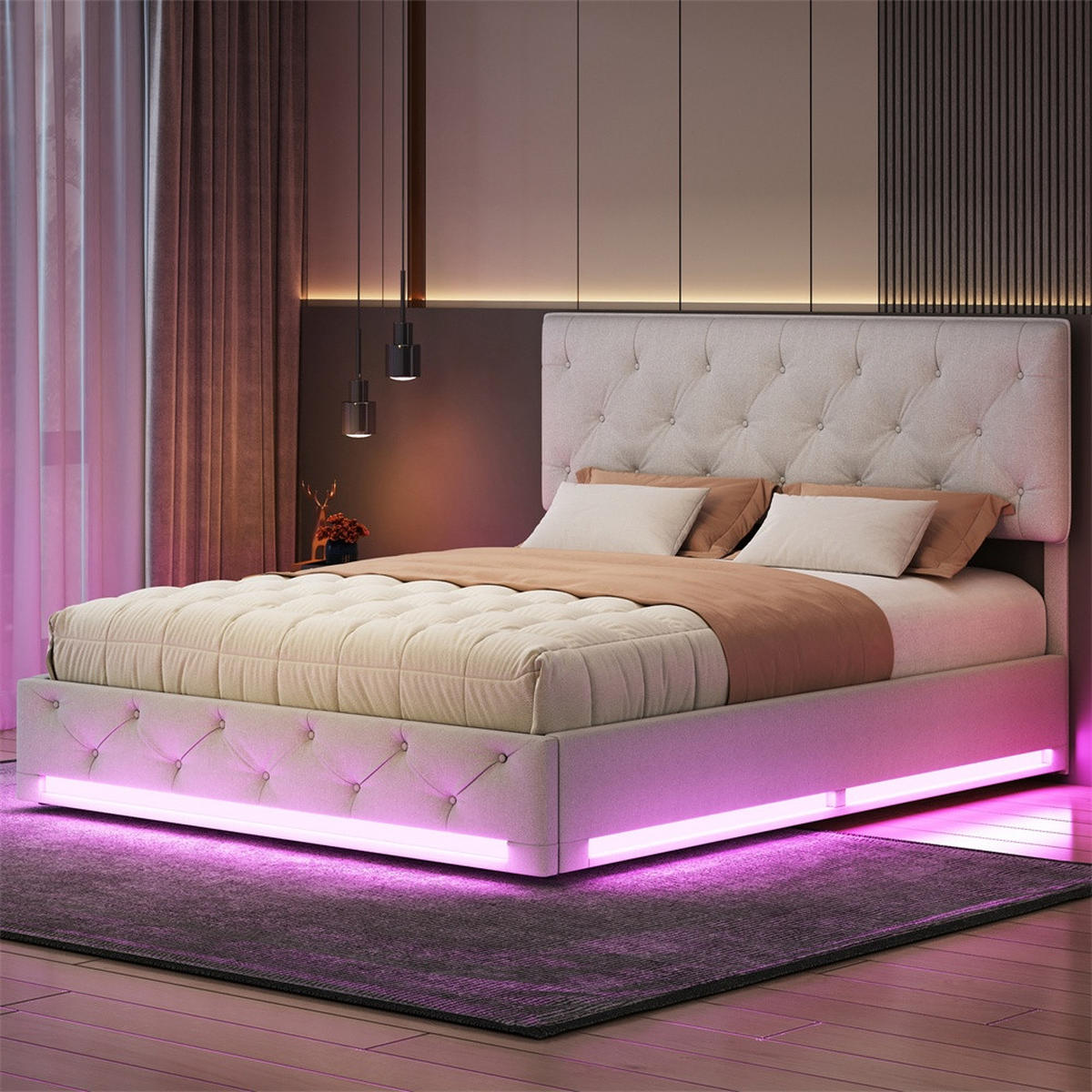 POLSTERBETT 160x200 cm mit LED-Beleuchtung - hydraulischem Bettkasten - ohne Matratze - Off-White - Creme, Textil (160/200cm) - DELFA