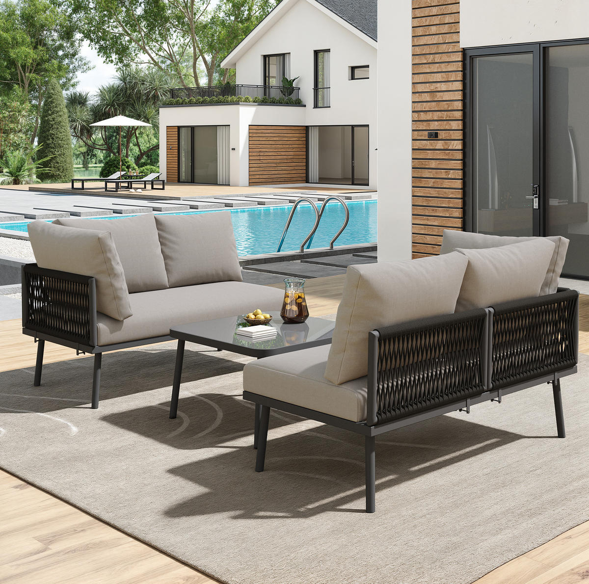 LOUNGEGARNITUR 120/60/72 cm grau aus Eisen mit Glastisch und Kissen - Grau, Metall - OKWISH