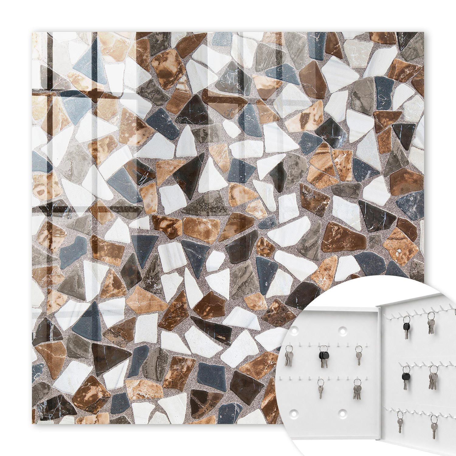 SCHLÜSSELBOX Weiß 30x30 cm – Türöffnung nach rechts - Geometrisches Mosaik - Braun, Metall (30/30/5cm) - TULUP