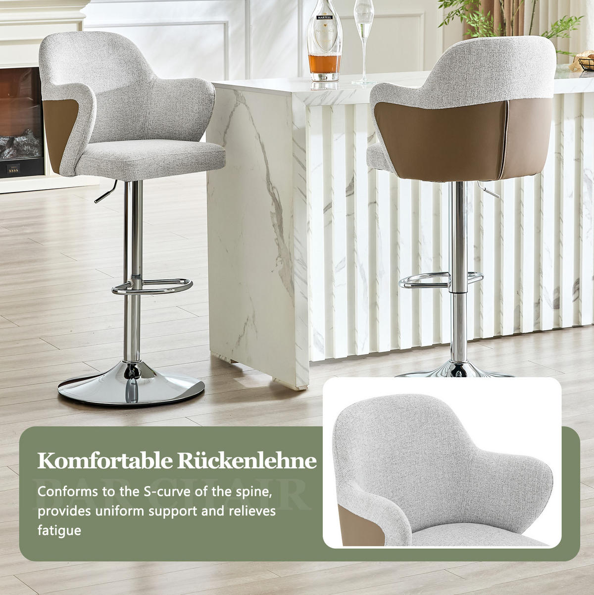 BARHOCKER-SET 2-teilig höhenverstellbar mit 360°-Drehfunktion und Armlehnen - Grau, Textil (37.6/118/45cm) - MIVRAY