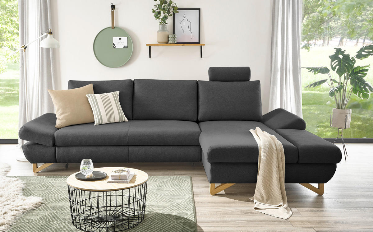 ECKSOFA grau Velours, Sofa mit Bettfunktion und Stauraum 284 cm - Grau, Holz/Textil (284/166cm) - Furn.Design
