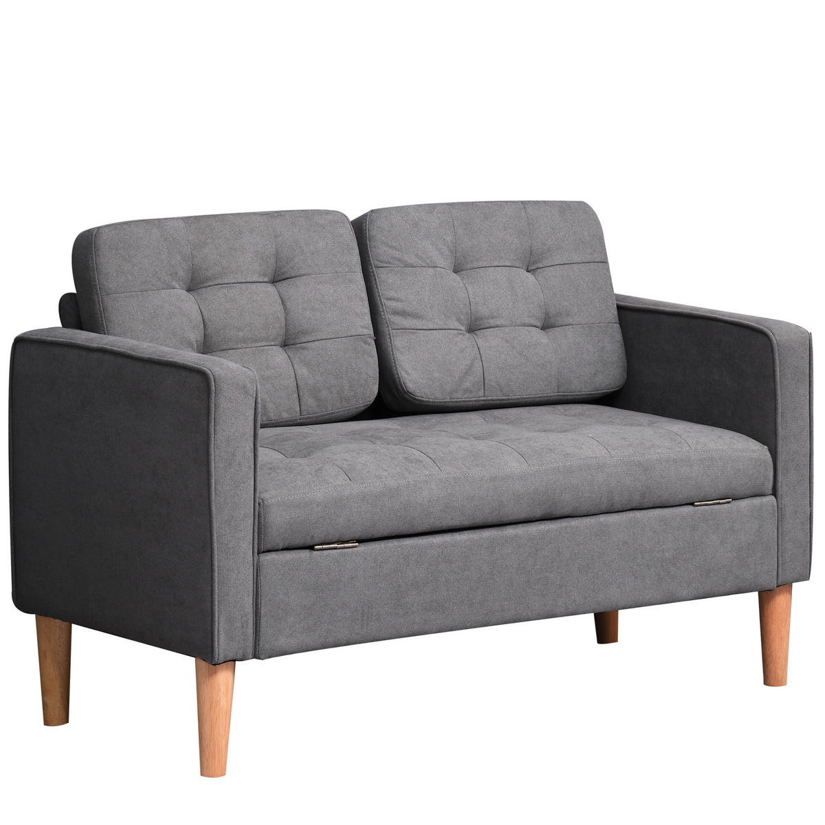 2-SITZER Sofa Stoffsofa Doppelsofa abnehmbar mit Kissen Gummiholz Baumwoll Grau - Naturfarben/Grau, Holz/Textil (62/78/117cm) - HOMCOM
