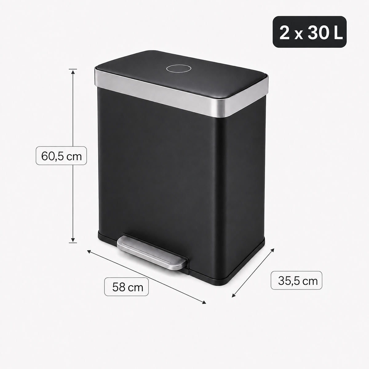 COȘ Negru 2x30 l cu pedală 2 compartimente - negru, material plastic/metal (58/60.5/35.5cm) - Relaxdays
