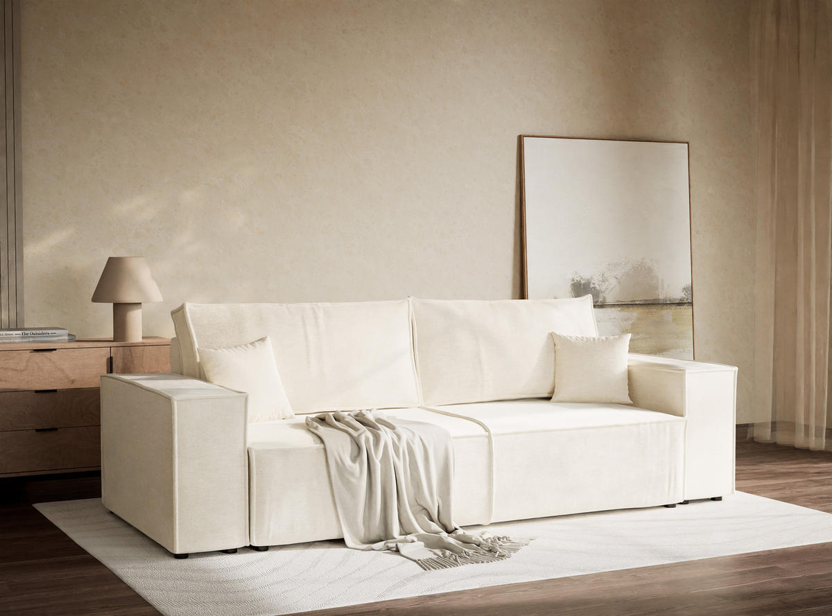 SOFA MIT SCHLAFFUNKTION Milos Creme Chenille-Stoff - Creme/Schwarz, Holz/Holzwerkstoff (255/70/105cm) - Maison de Reve