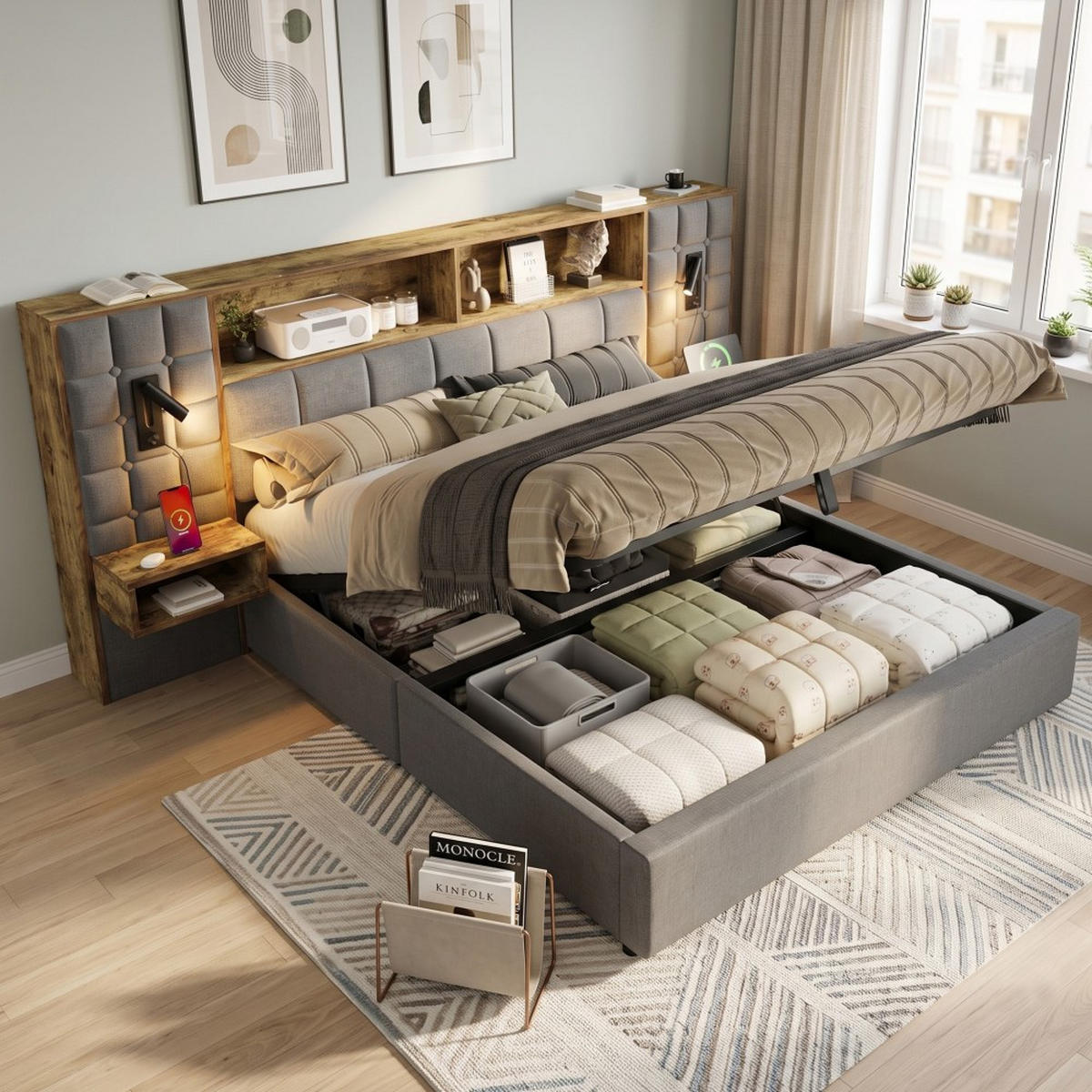 ČALOUNĚNÁ POSTEL 160 × 200 cm Šedá s úložným prostorem, LED a USB-C - šedá, textil (160/200cm) - Urban Meuble