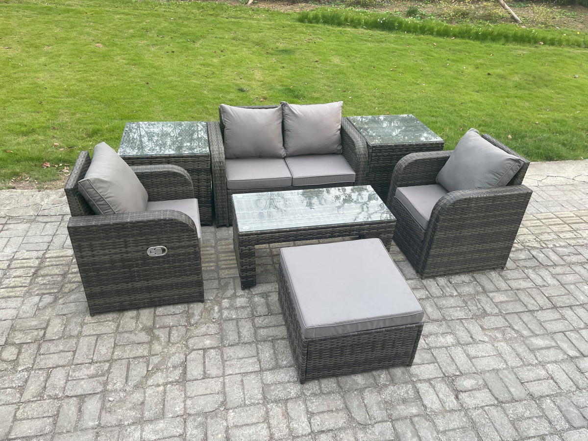 GARTENSOFA SET mit COUCHTISCH Polyrattan 5-Sitzer - Dunkelgrau/Grau, Glas/Kunststoff - Fimous