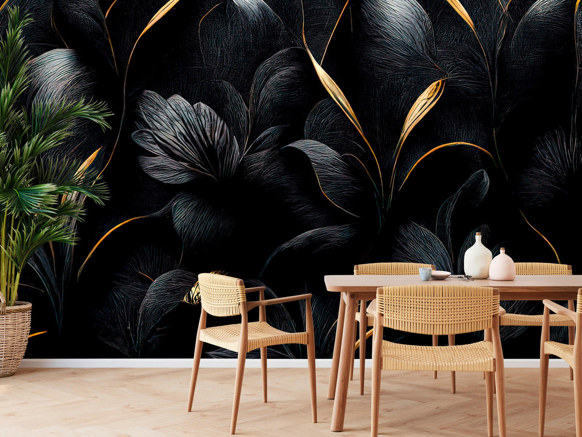 FOTOTAPETE für Wohnzimmer Schwarze Blätter Gold Luxus 400x280 - Goldfarben/Schwarz, Papier (400/280cm) - Muralo