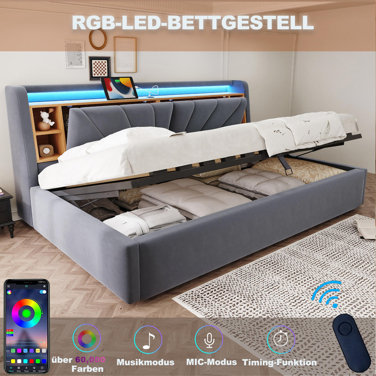 POLSTERBETT 90*200 cm mit LED, USB und Stauraum, Dunkelgrau - Grau, Textil (90/200cm) - FLIEKS
