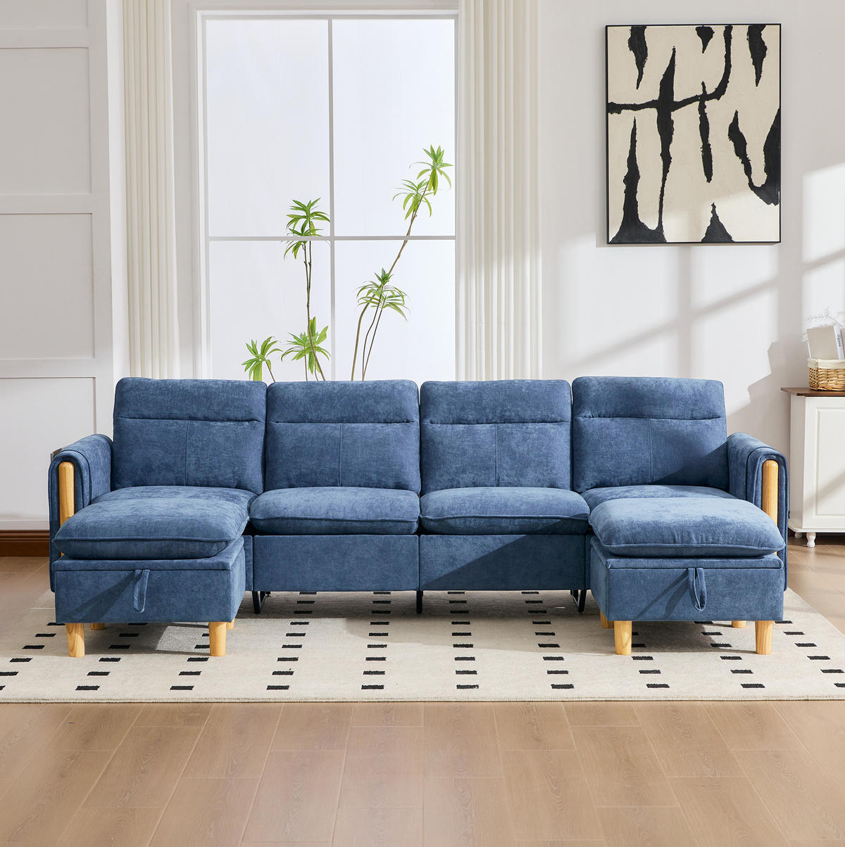 SOFA-SET U-Form mit Stauraum 261 cm Chenille Blau 4-Sitzer - Blau, Holz (77/86/261cm) - Meubliv