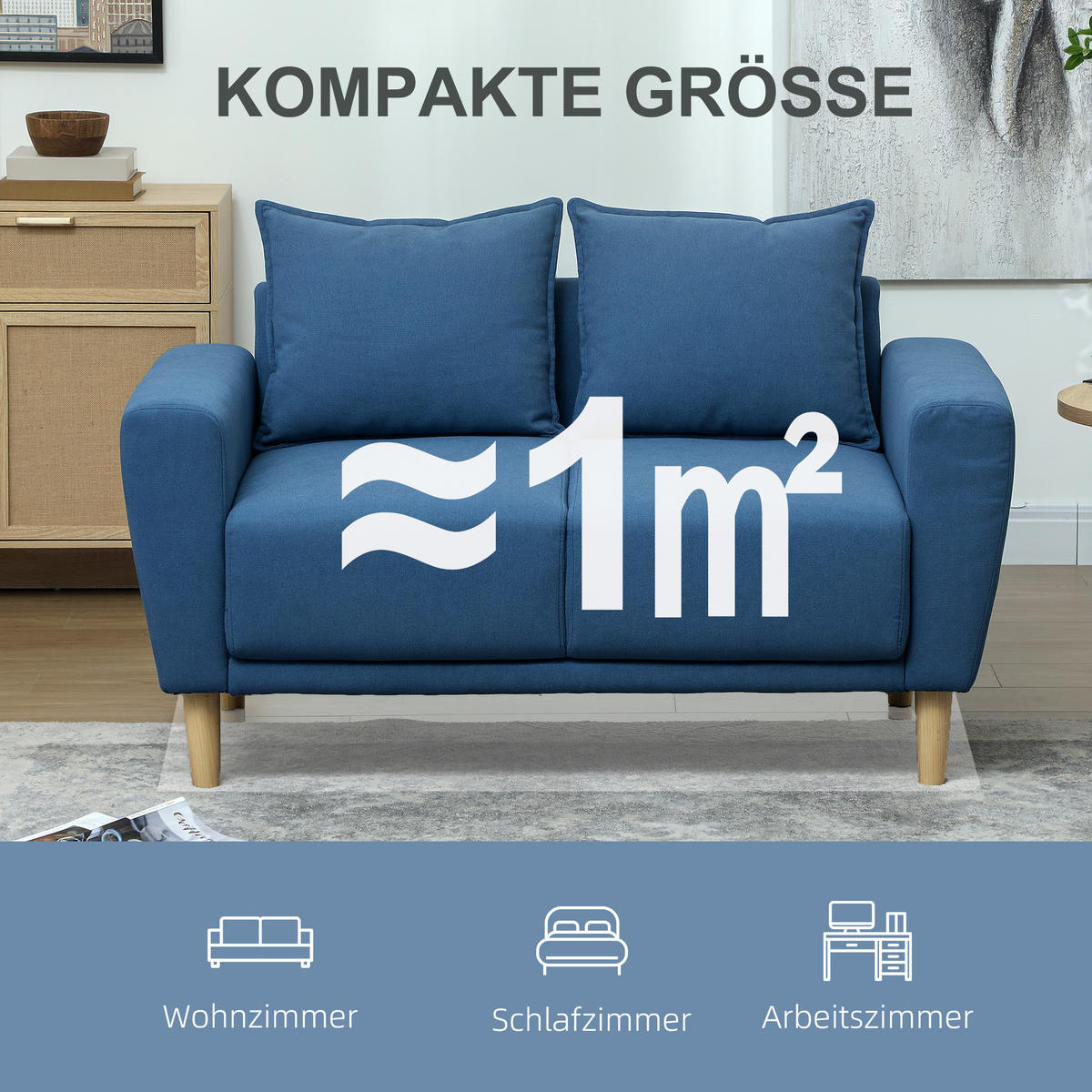 ZWEISITZER SOFA mit 2 Kissen, 133 x 73 x 81 cm, Blau - Blau, Textil (133/81/73cm) - HOMCOM