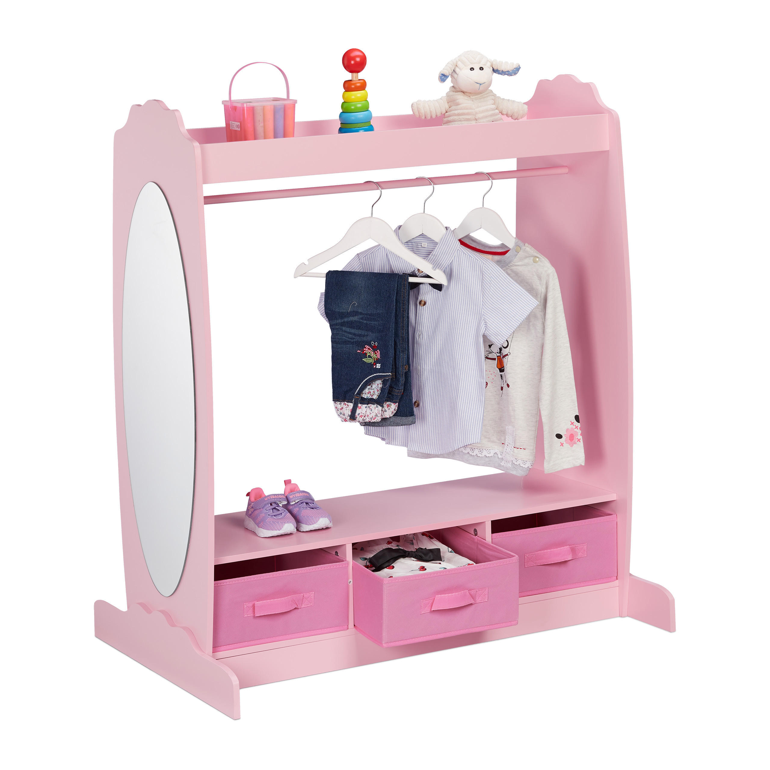 VEŠIAK Ružový detský so zrkadlom 3 textilné boxy 107 cm - ružová, kompozitné drevo/textil (97.5/107/61cm) - Relaxdays
