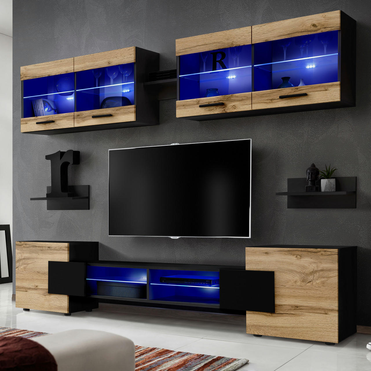 WOHNZIMMERSET Foggia, 6er-Set, Schwarz, Front Eiche Wotan, LED Blau - Eiche Wotan/Schwarz, Glas/Holzwerkstoff (230/190/45cm) - Komodee