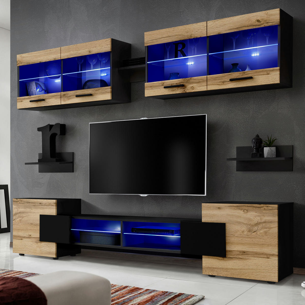 WOHNZIMMERSET Foggia, 6er-Set, Schwarz, Front Eiche Wotan, LED Blau - Eiche Wotan/Schwarz, Glas/Holzwerkstoff (230/190/45cm) - Komodee