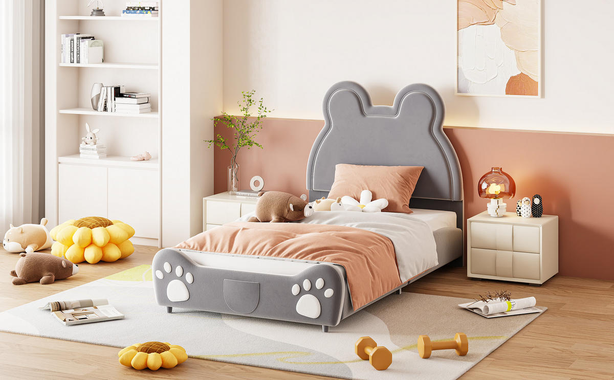 POLSTERBETT 90/200 cm Bärenform grau aus Samt - Grau, Textil (90/200cm) - OKWISH