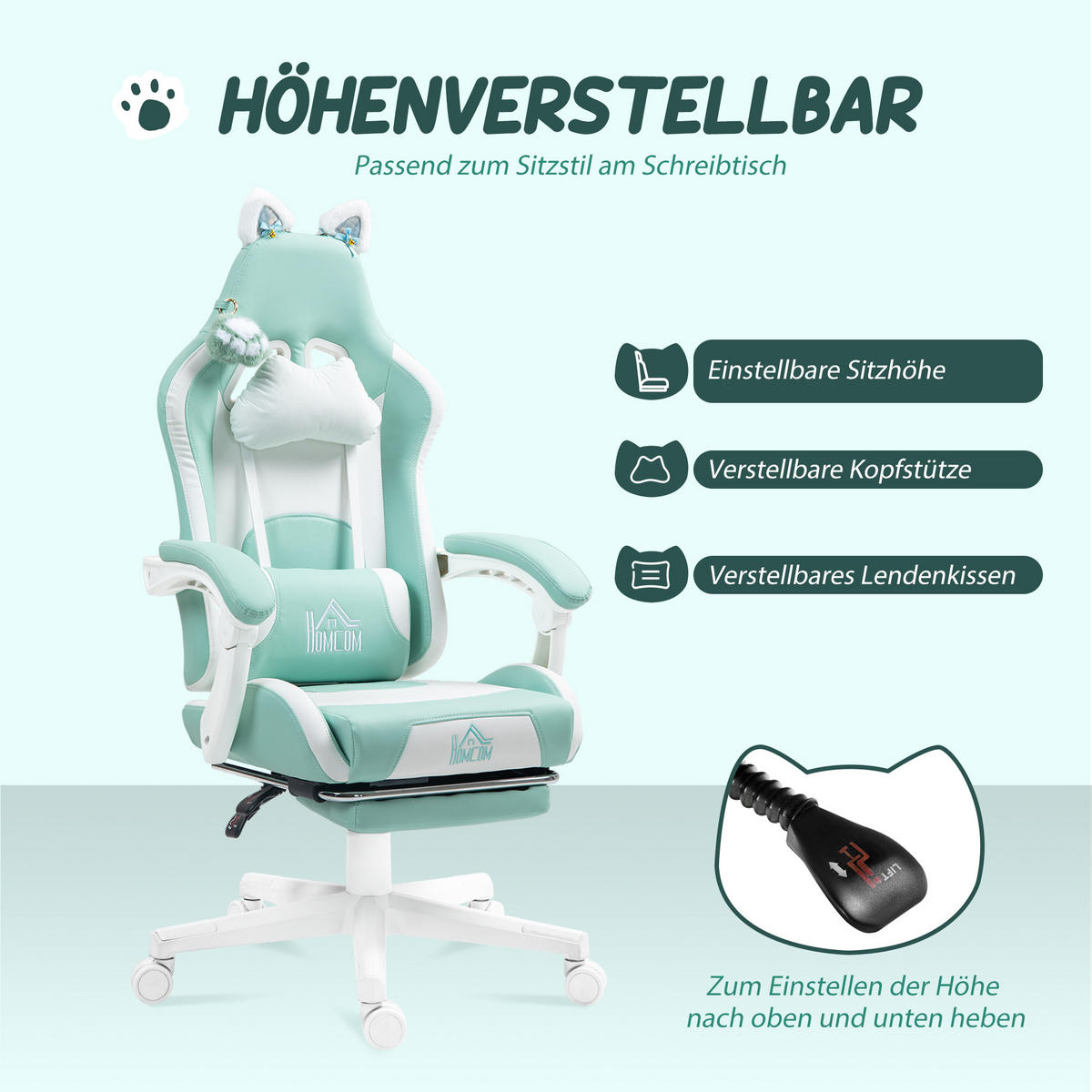 GAMING-SESSEL mit Katzenohren, neigbare Lehne, ausziehbare Fußstütze, bis 120 kg belastbar, Tiffanyblau - Hellblau, Leder (62/124/65cm)