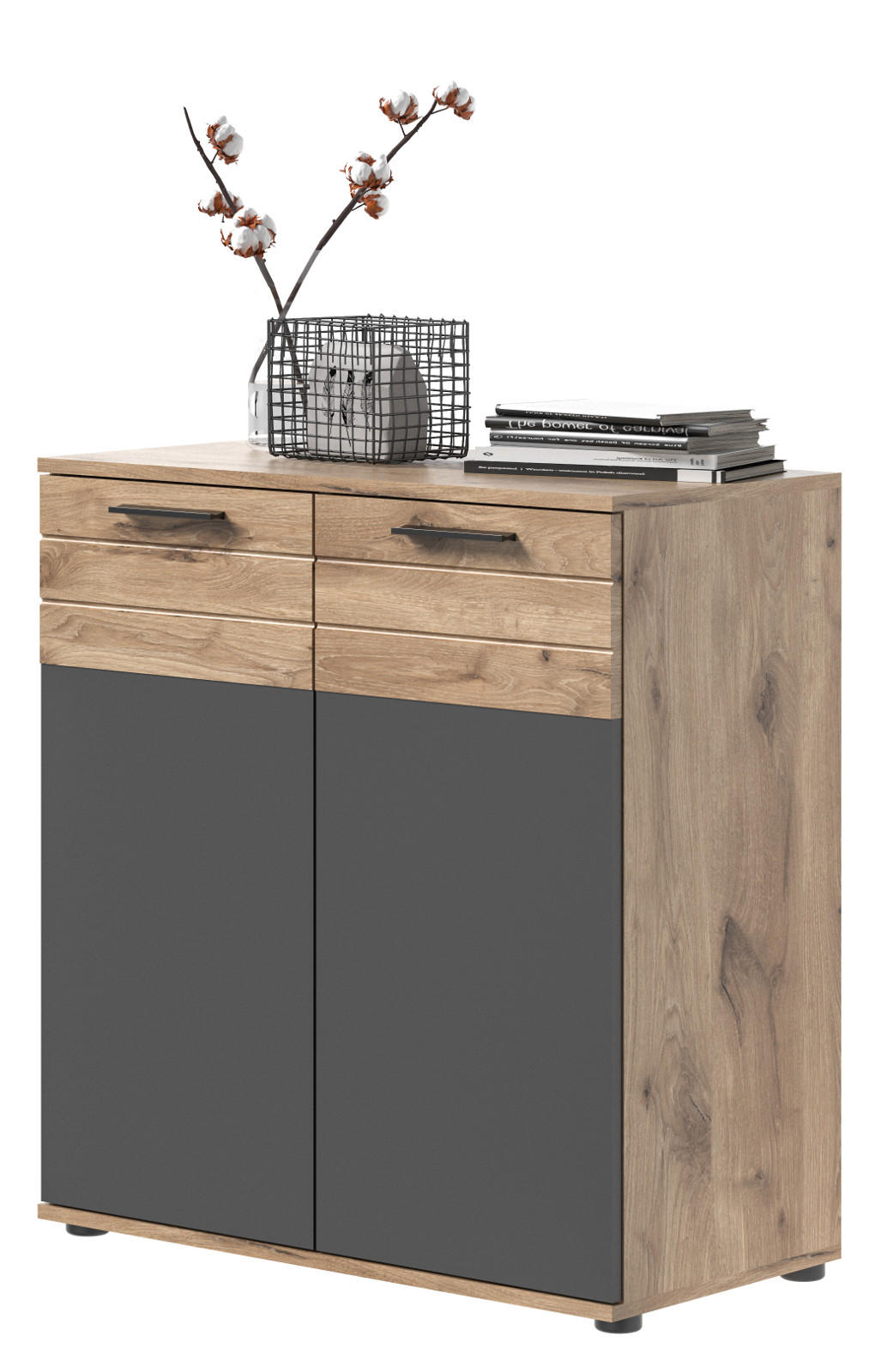 KOMMODE Eiche, grau 80 cm, Sideboard mit Soft-Close, Wohn- und Esszimmermöbel - Eichefarben/Schwarz, Holzwerkstoff/Kunststoff (80/87/40cm) - Inn.Furn