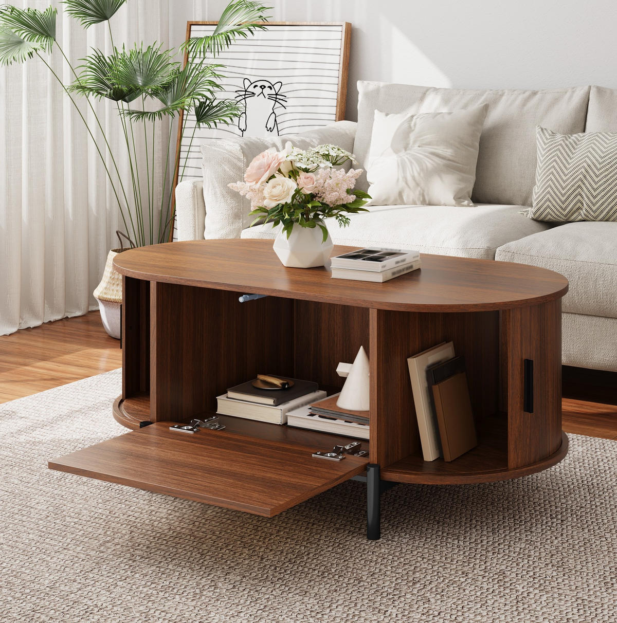 COUCHTISCH 100/50/40 cm nussbaum aus MDF mit Rattan-Schiebetüren und Stauraum - Walnussfarben, Holzwerkstoff (50/100/40cm) - OKWISH