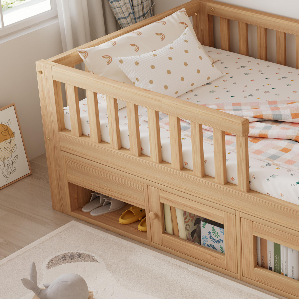 KINDERBETT 90/200 cm in Natur mit Schublade, Schrank und Ablagen - Naturfarben, Holz/Holzwerkstoff (90/200cm) - WISHDOR