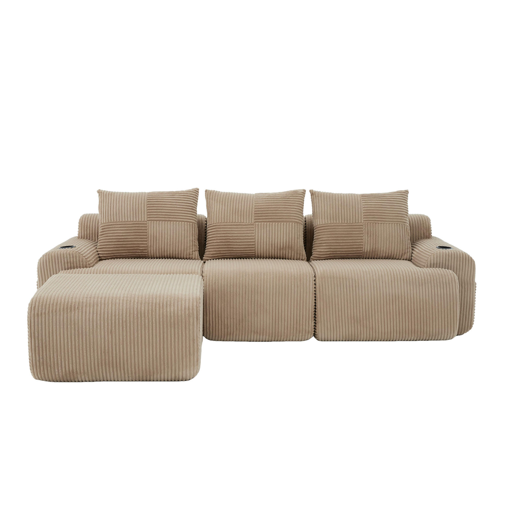 MODULARES 3-Sitzer Sofa Cordstoff mit Hocker Getränkehalter und Seitentasche 268/174/80 cm Sandfarben - Sandfarben, Textil (174/268cm) - Redom