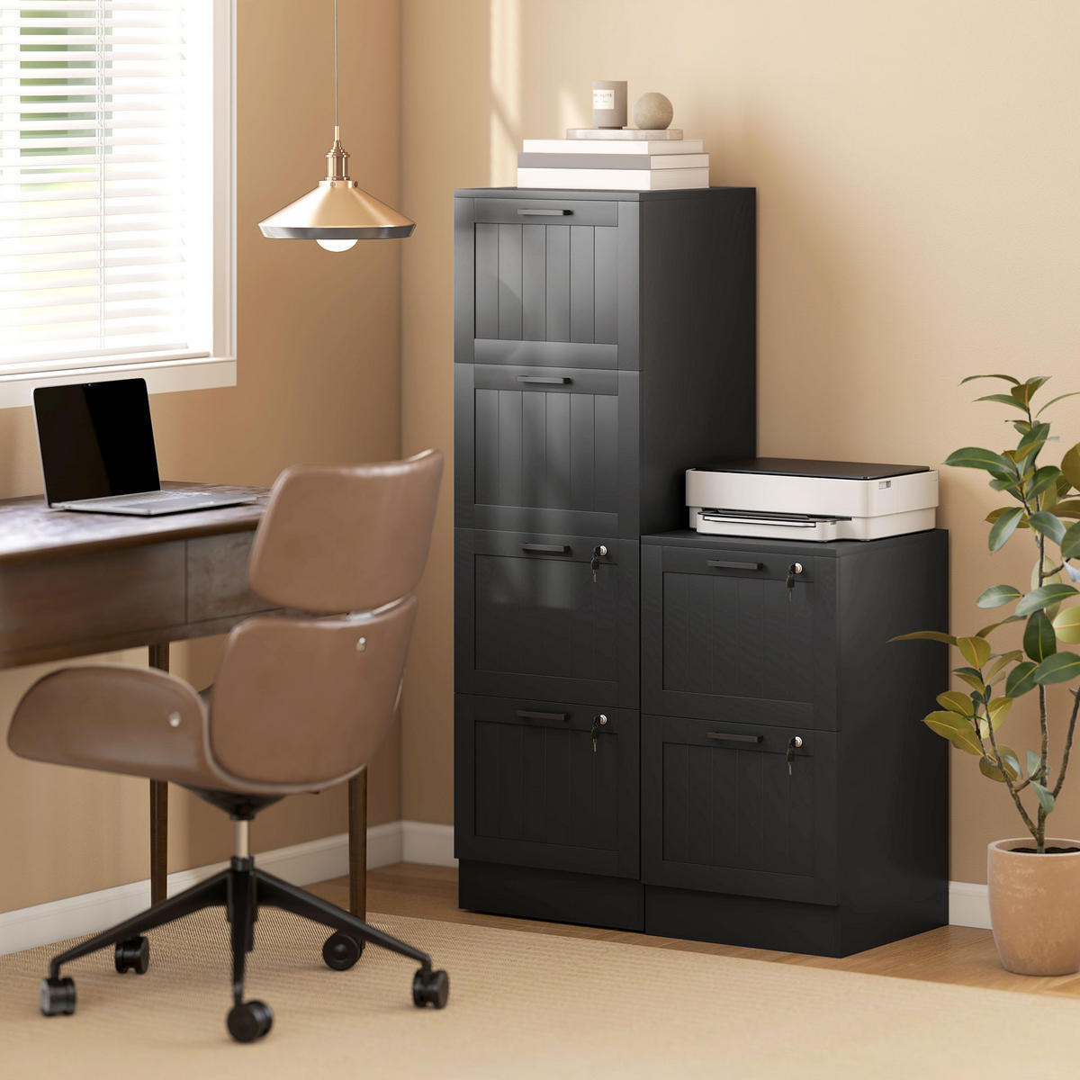 AKTENSCHRANK DE-14515 4 Schubladen abschließbar mit Hängeakten Schwarz - Schwarz, Holzwerkstoff (40/131/40cm) - ComfortXL