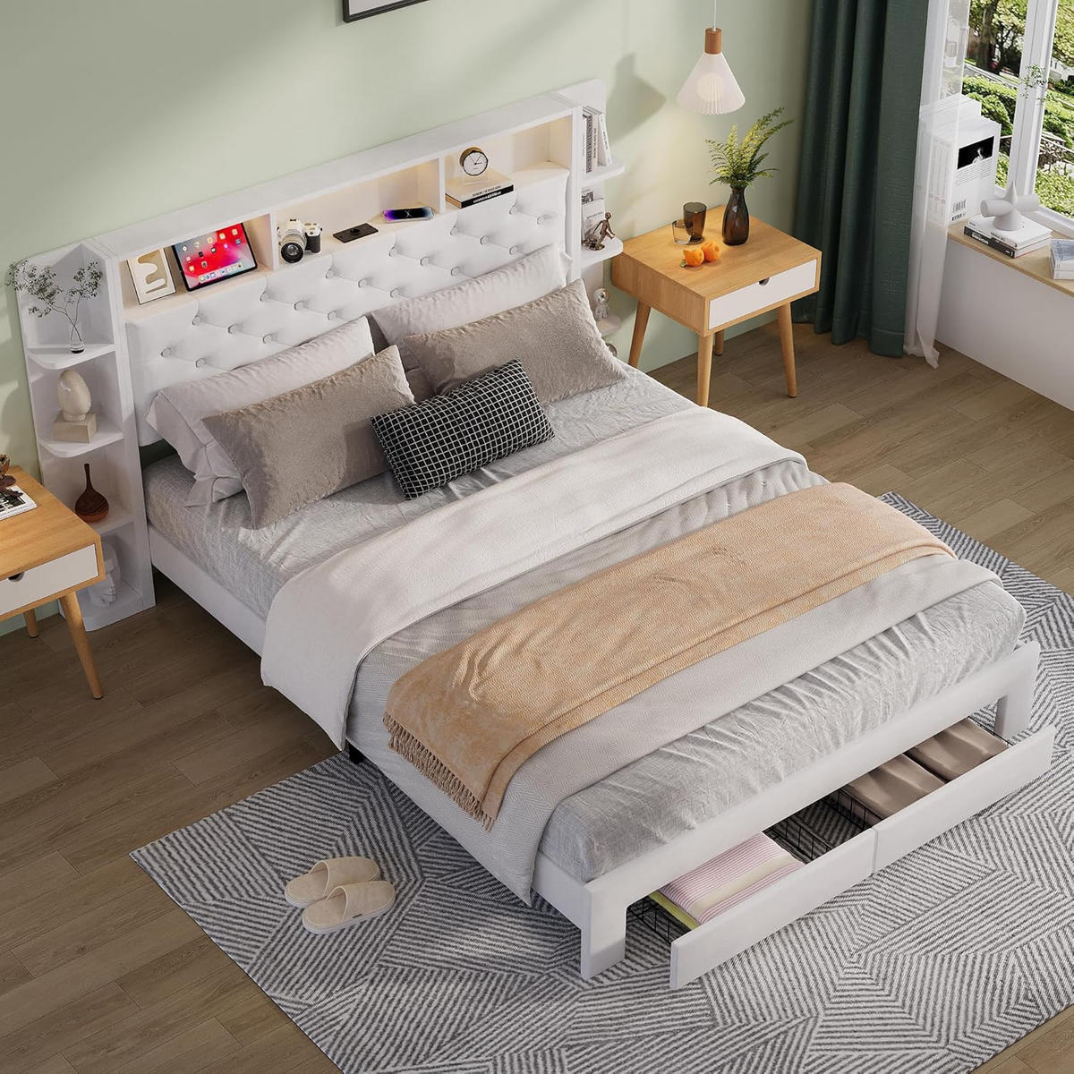 POLSTERBETT 160x200 cm mit LED, USB, 2 Schubladen, Samt, Weiß - Weiß, Holz (160/200cm)