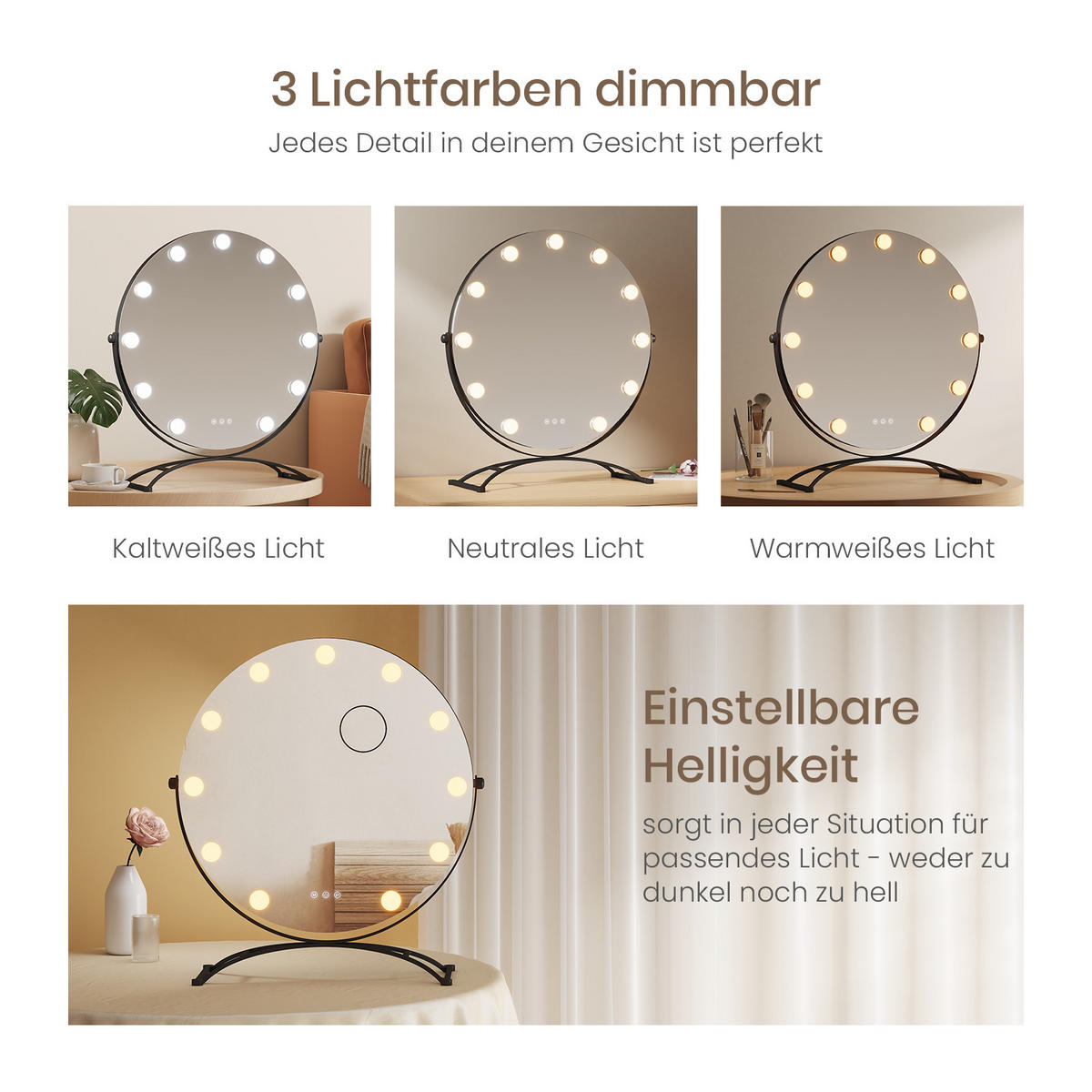 SCHMINKSPIEGEL Runder mit Beleuchtung, Schwarz, ф50 cm - Schwarz, Glas (50/16/50cm) - EMKE