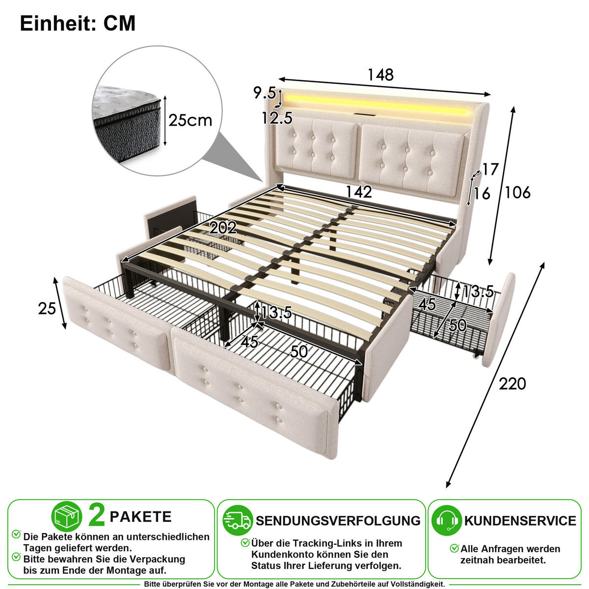 ČALOUNĚNÁ POSTEL 140/200 cm v béžové barvě se 4 zásuvkami, LED a USB - béžová, kov/kompozitní dřevo (140/200cm) - CHICFURN