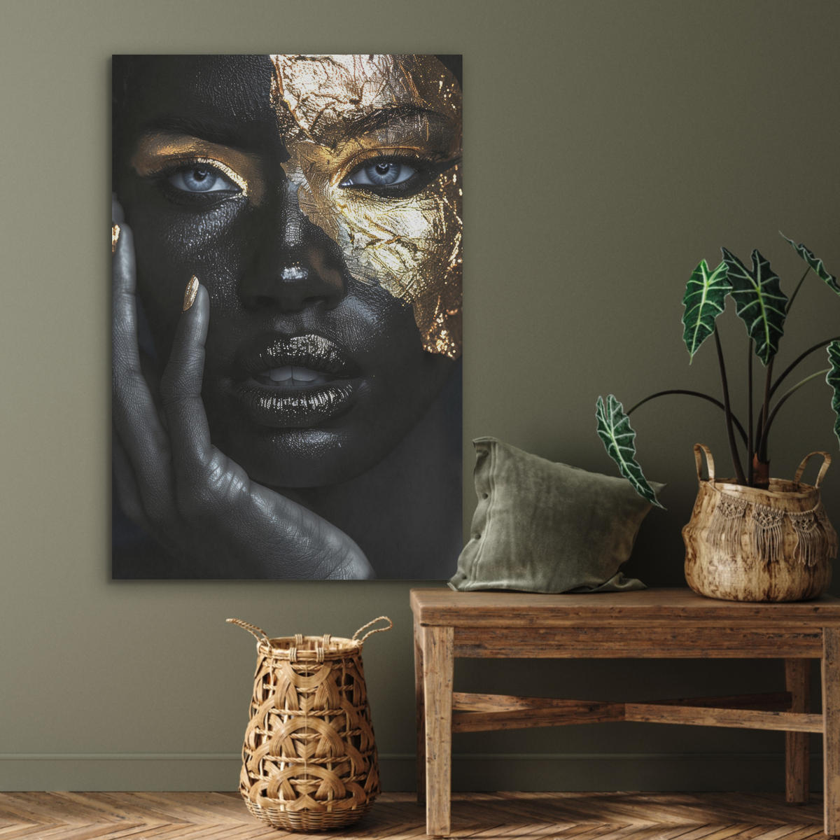 AKUSTIKBILD Frau - Gold - Porträt - Schwarz-Weiß - Luxus Wanddeko 60x90 cm - Hellblau, Kunststoff (60/90/0.9cm) - MuchoWow