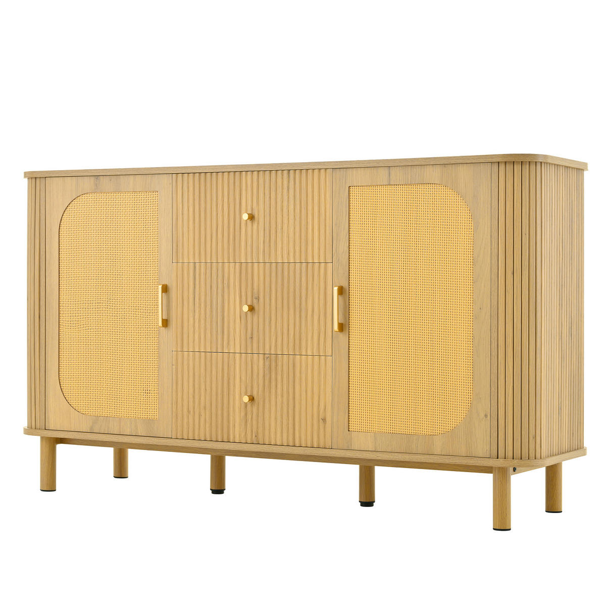 SIDEBOARD 140/40/80 cm in Natur mit Rattantüren und 3D-Wellenschubladen - Naturfarben, Holzwerkstoff (140/80/40cm) - Flora Grace