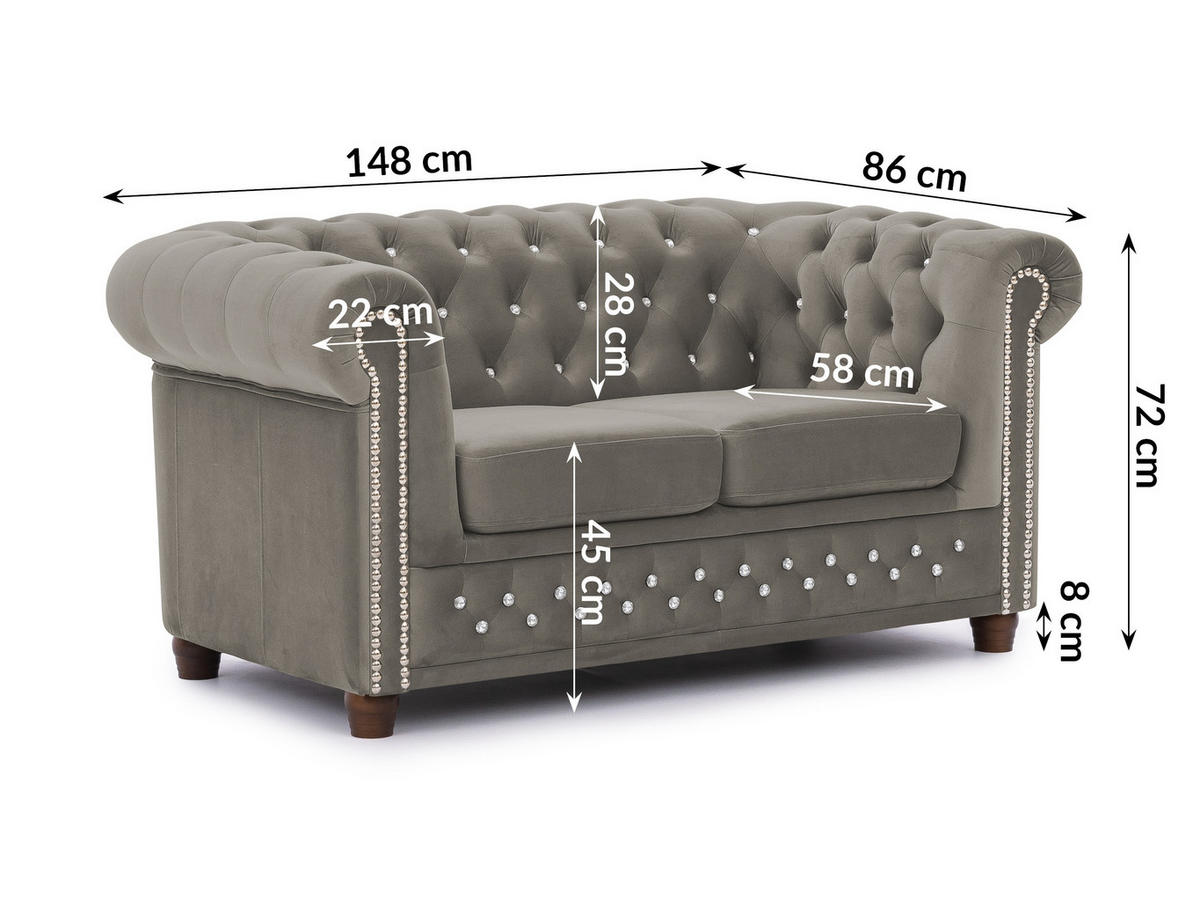 CHESTERFIELD-SOFA 2-sitzer Cleo Blink Grau Samt mit Kristallsteppung und braunen Massivholzfüßen - Braun/Grau, Holz/Textil (148/72/86cm) - S-Style Möbel