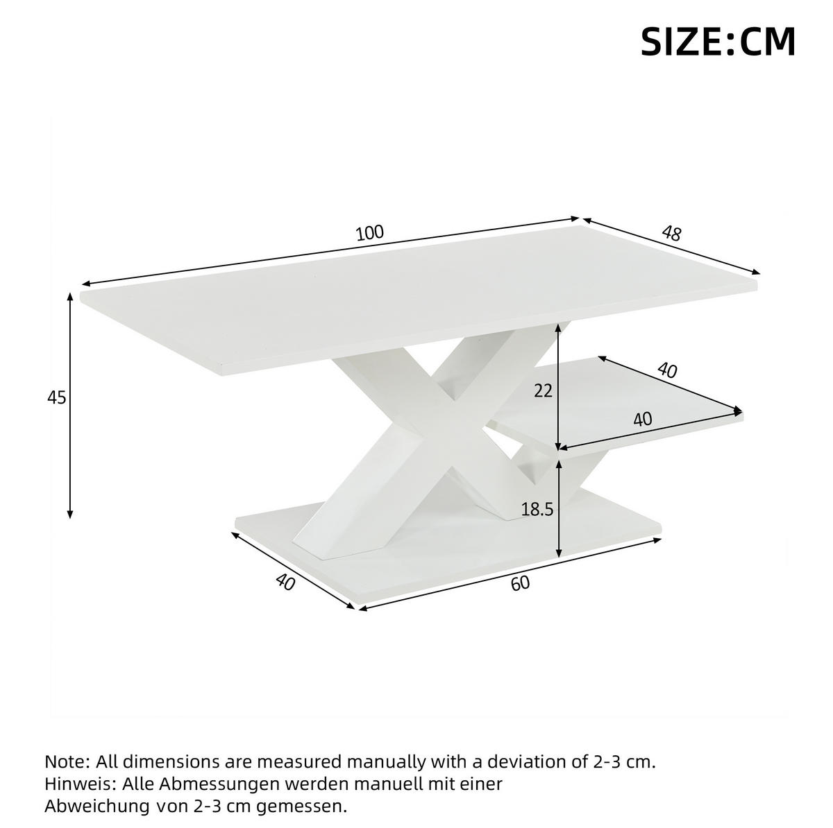 COUCHTISCH aus MDF 100x48x45 cm Weiß Hochglanz mit 2 Ablageflächen und X-Gestell - Weiß, Holzwerkstoff (100/48/45cm) - IVMEU