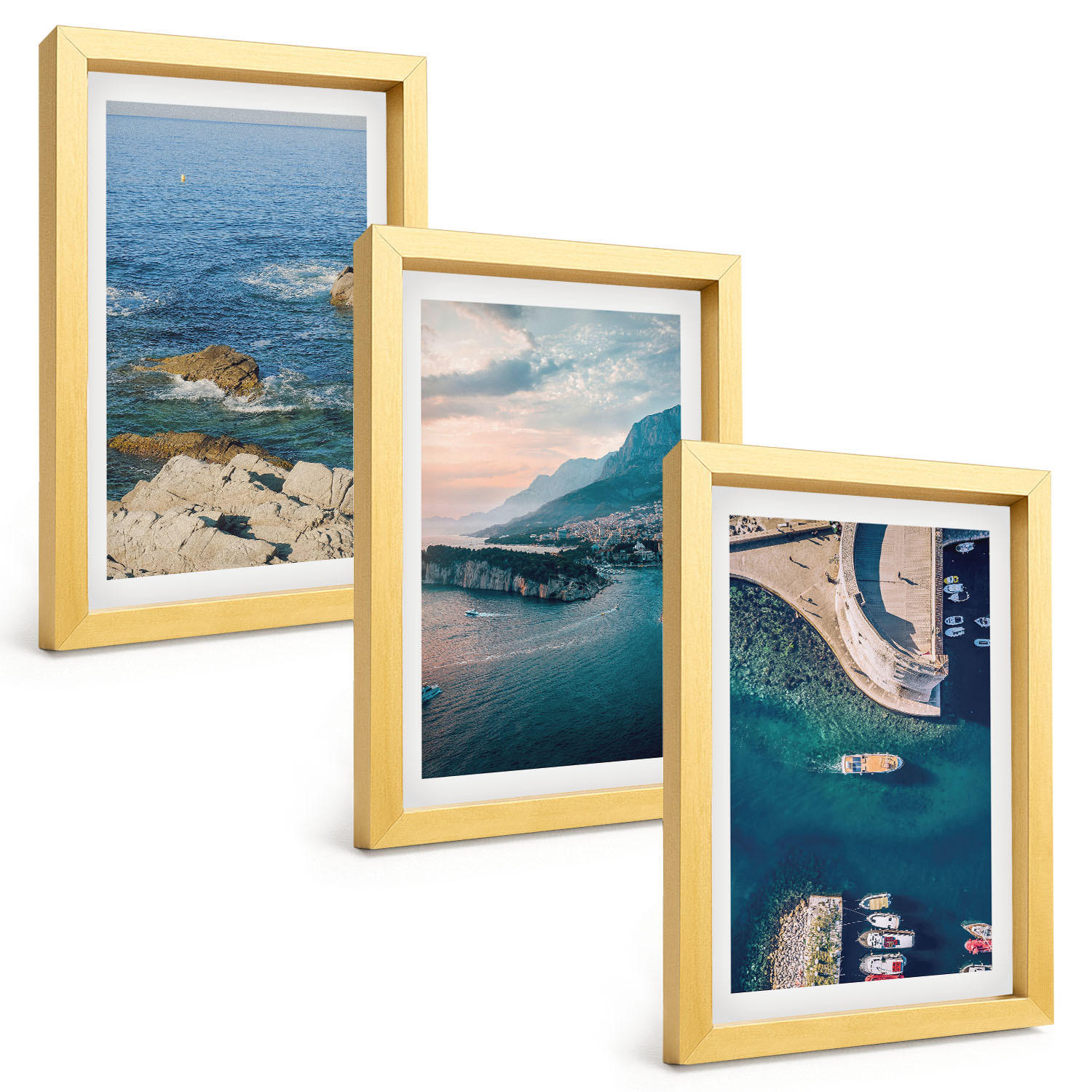 BILDER SET 3er Set - 20x30 cm Goldrahmen - Meerblick, Klippen, Häfen - Goldfarben, Kunststoff (20/30cm) - TULUP