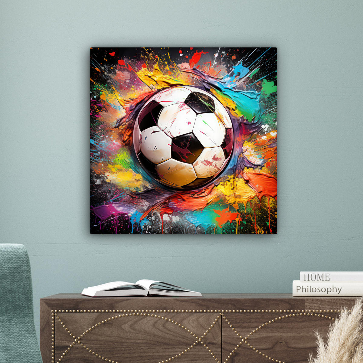 LEINWANDBILD Fußball - Farbe - Farben - Schwarz - Weiß Wandbild Wohnzimmer 50x50 cm - Weiß, Textil (50/50cm) - MuchoWow