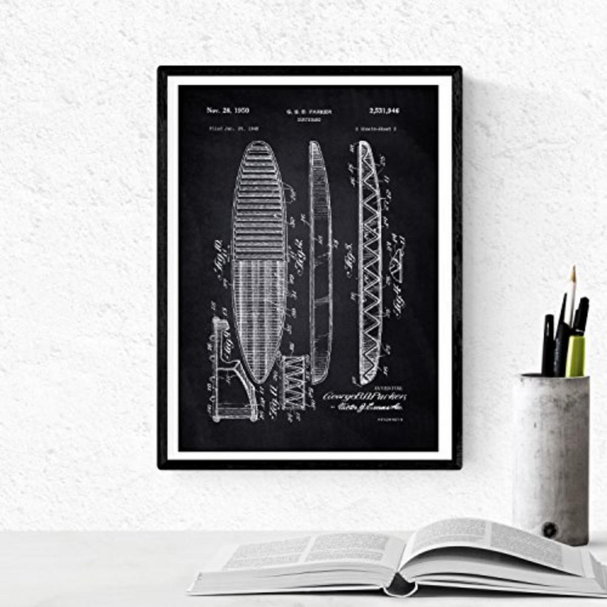 POSTER Set mit 4 Schwarz PATENTEN SURF A4 Schwarzer Rahmen - Schwarz, Papier (29.7/3cm) - Nacnic