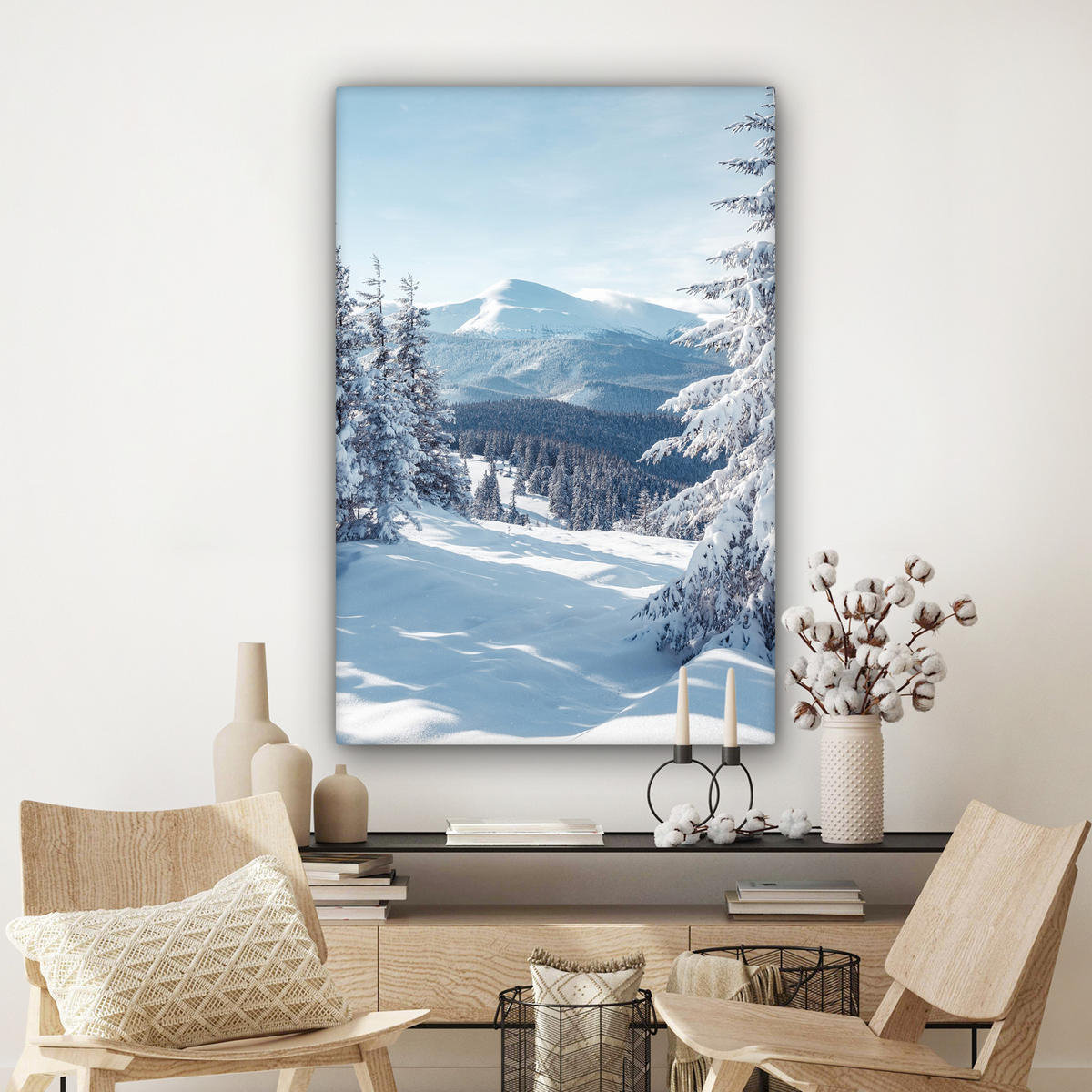 LEINWANDBILD Winterlandschaft - Natur - Berge - Bäume - Schnee 90x140 cm - Hellblau, Textil (90/140cm) - MuchoWow