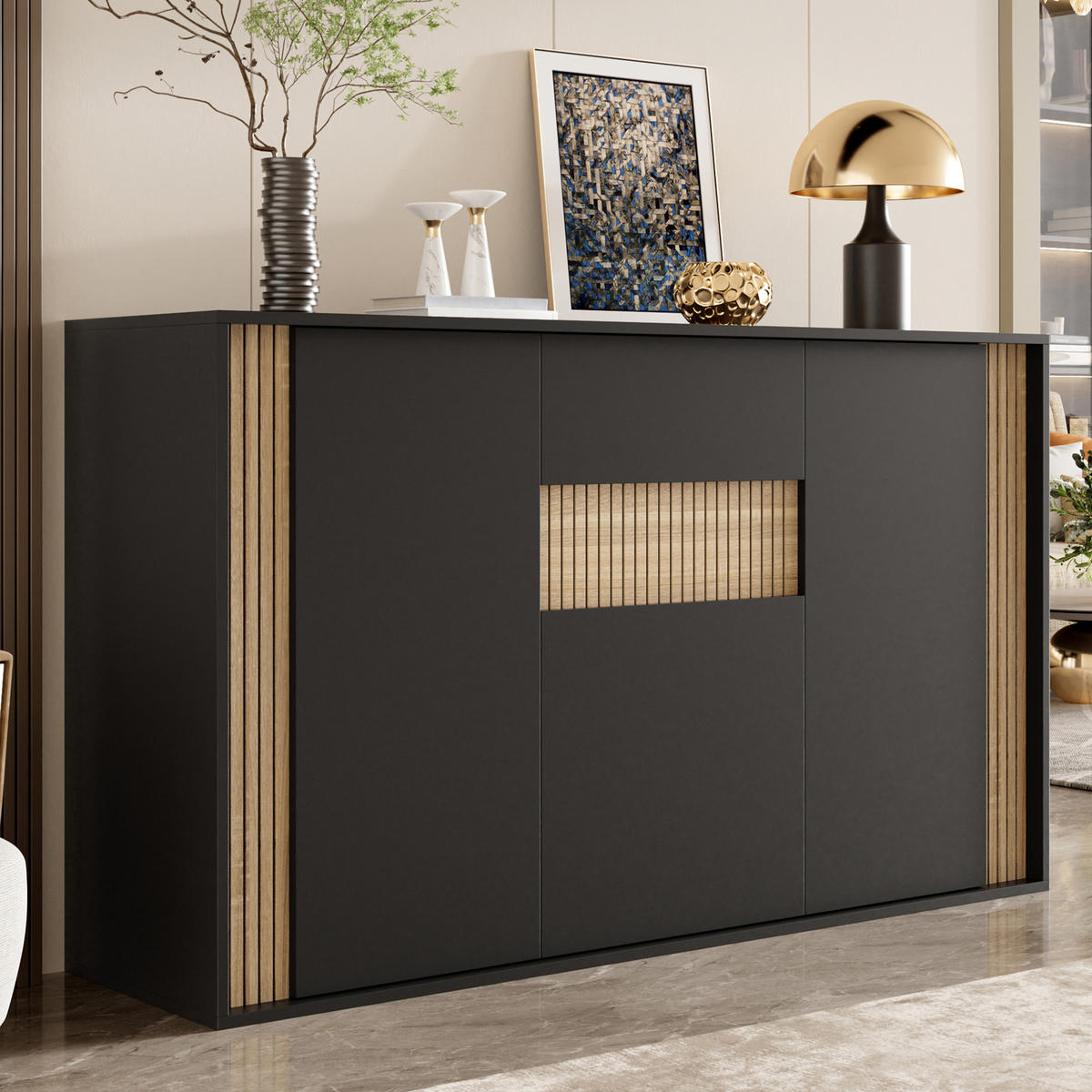 SIDEBOARD 140x40x82cm Schwarz mit LED und 3 Türen - Schwarz/Naturfarben, Holzwerkstoff (140/82/40cm) - FLIEKS