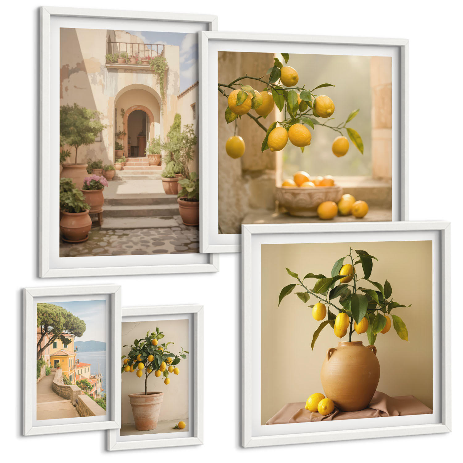 BILDER SET 5er Set - 50x50 cm & 20x30 cm & 40x60 cm Weißer Rahmen - Frische, farbenfrohe Zitrusfrüchte - Weiß, Kunststoff (40/60cm) - TULUP