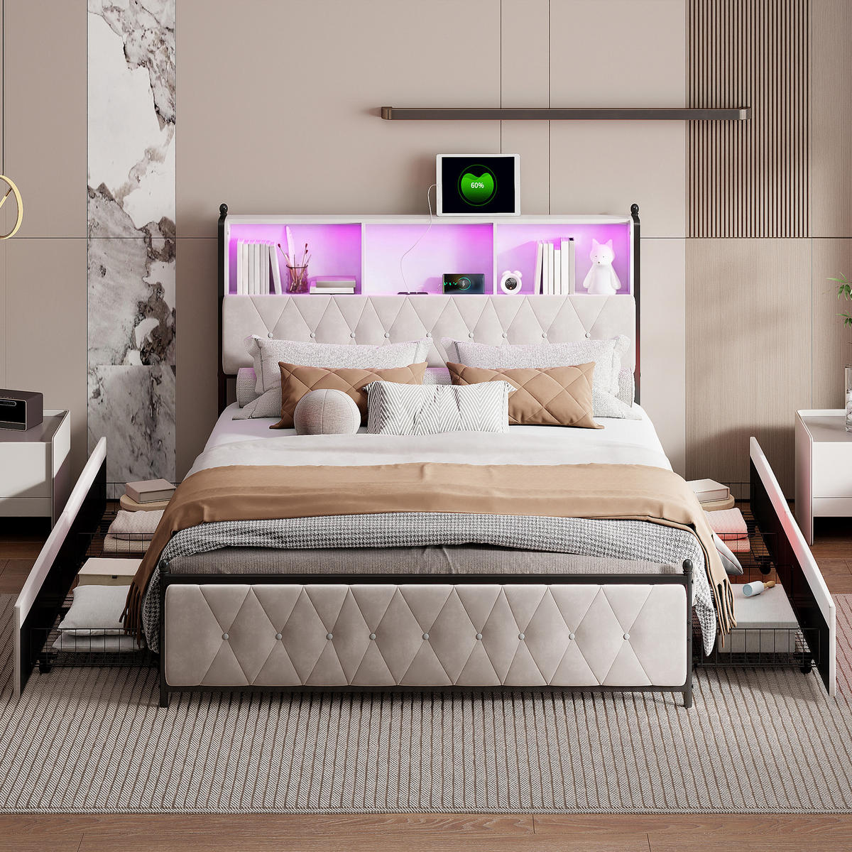 POLSTERBETT 160x200 cm, 3 Stauraumfächer am Kopfteil, RGB-LED, USB & Typ-C, 4 Stauraumschubladen, Samtstoff, Beige - Beige, Holz (160/200cm) - BRILVERDE