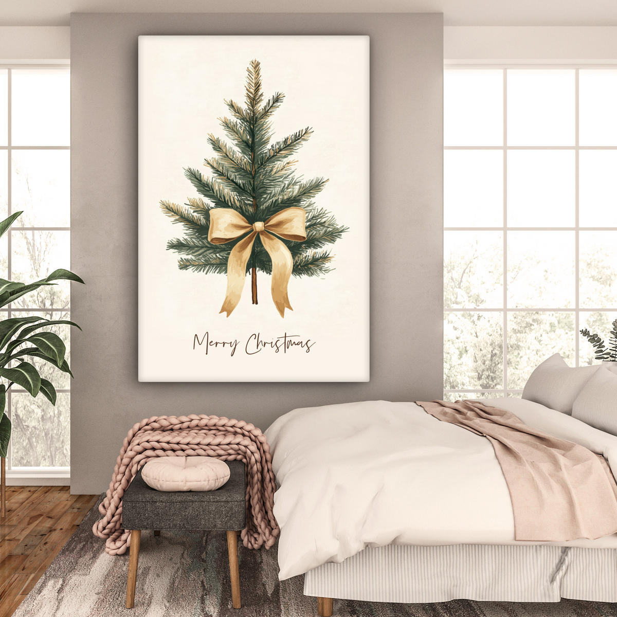 SLIKA NA PLATNU Božično drevesce 90x140 cm - peščene barve, tekstil (90/140cm) - MuchoWow