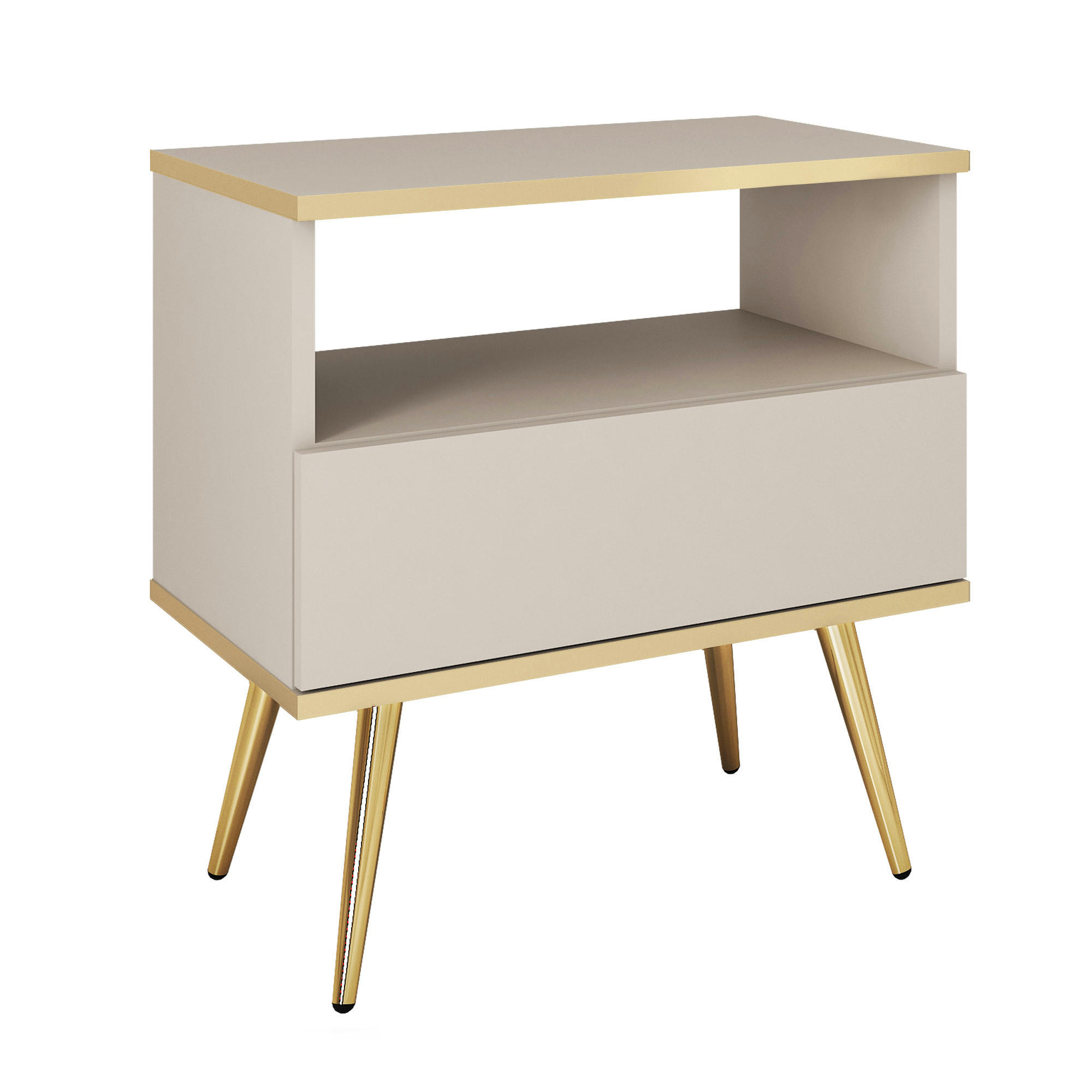 NACHTTISCH BANFF STO1-1S Goldene Metallbeine, Beige - Beige, Holzwerkstoff/Kunststoff (54/59/39cm) - Komodee